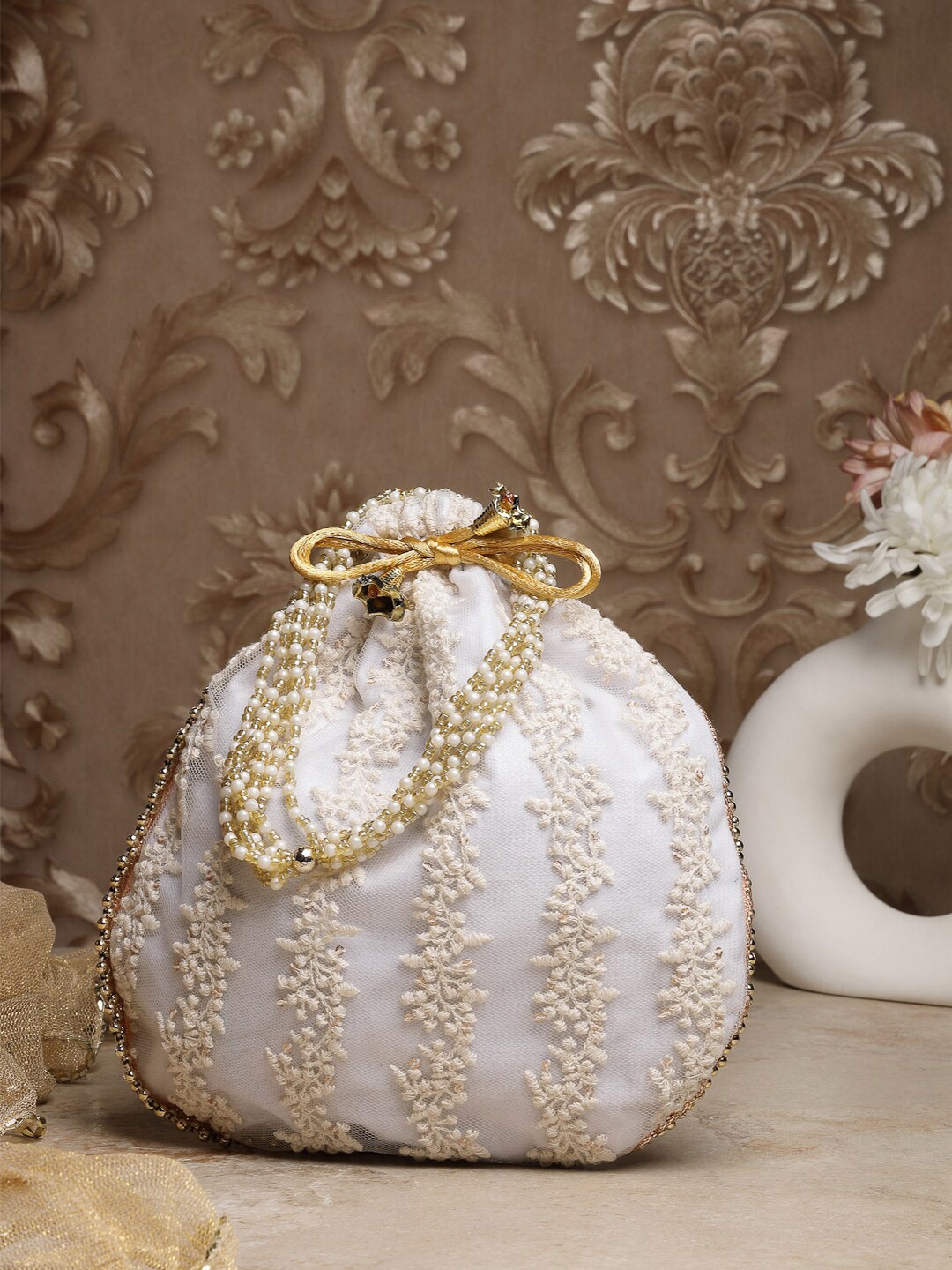 

Dhrohar Unisex Embroidered Potli Clutch, White