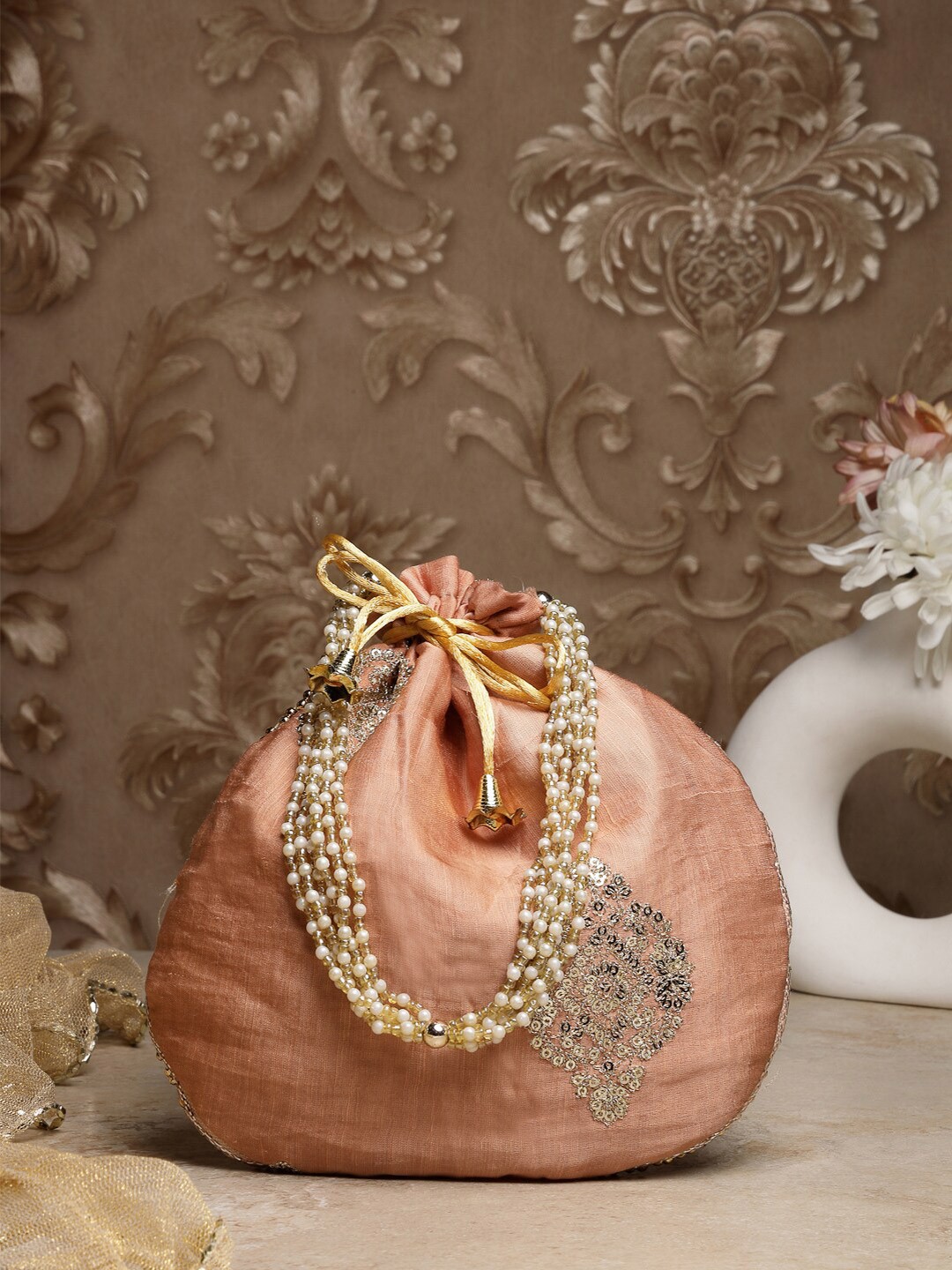 

Dhrohar Unisex Embroidered Potli Clutch, Brown