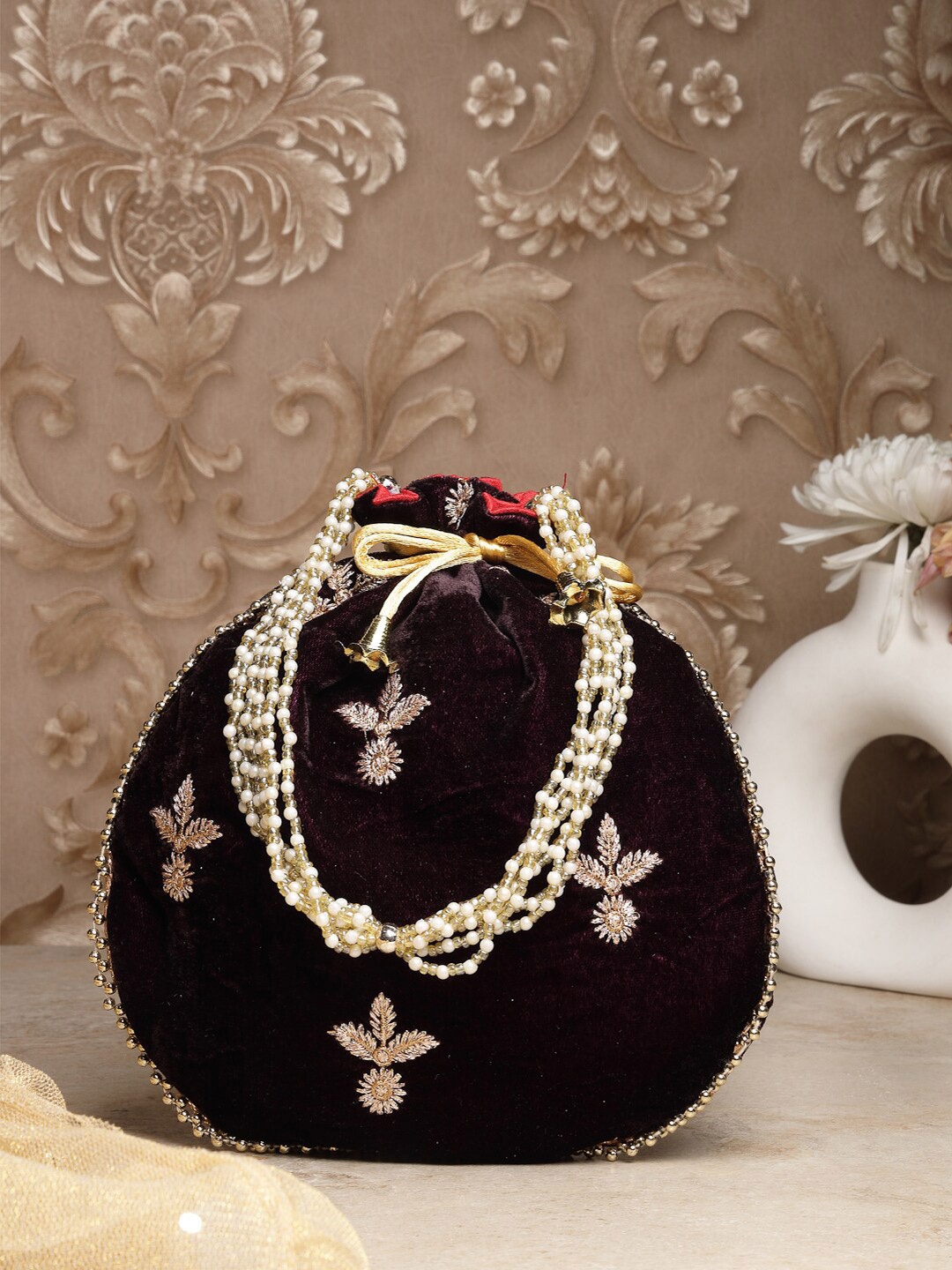 

Dhrohar Embroidered Velvet Potli Clutch, Black