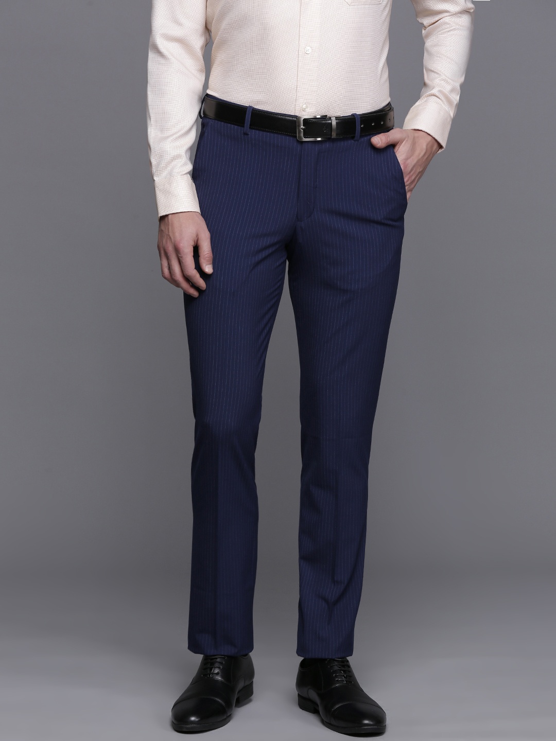 

Louis Philippe Men Striped Slim Fit Formal Trousers, Blue