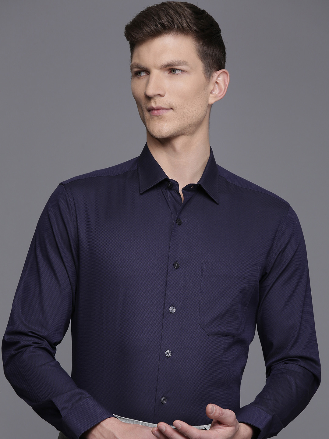 

Louis Philippe Pure Cotton Self Design Textured Slim Fit Opaque Formal Shirt, Navy blue