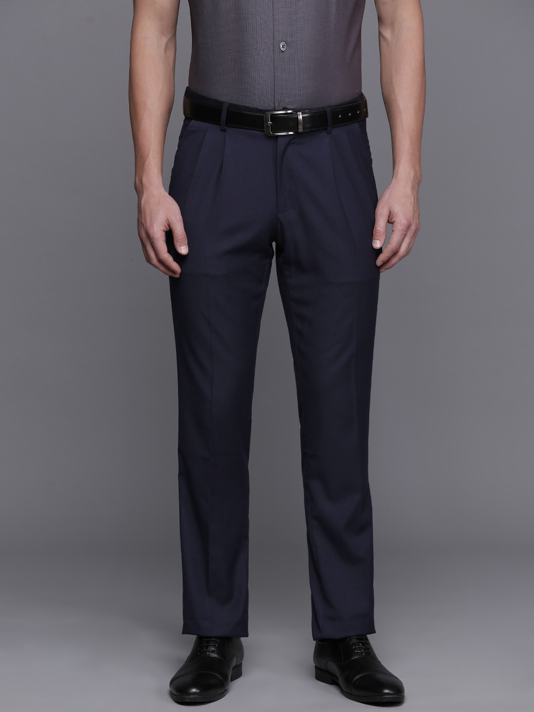 Louis Philippe Men Textured Pleated Formal Trousers, Navy blue