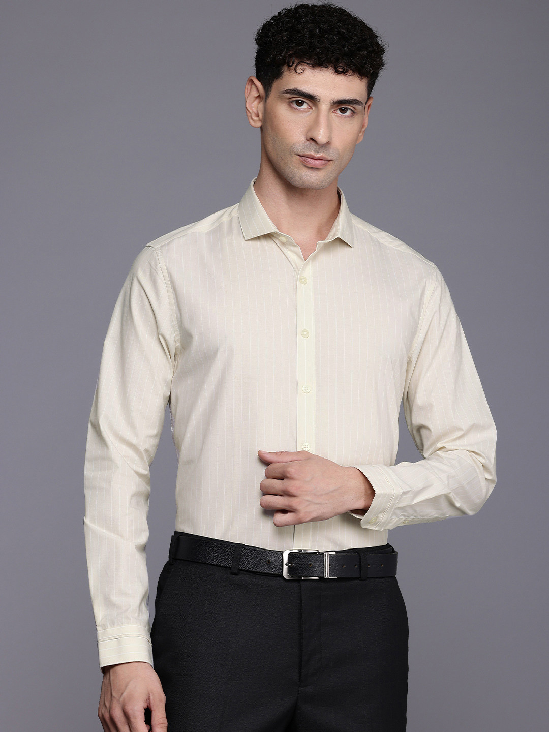 

Louis Philippe Slim Fit Striped Pure Cotton Formal Shirt, Beige