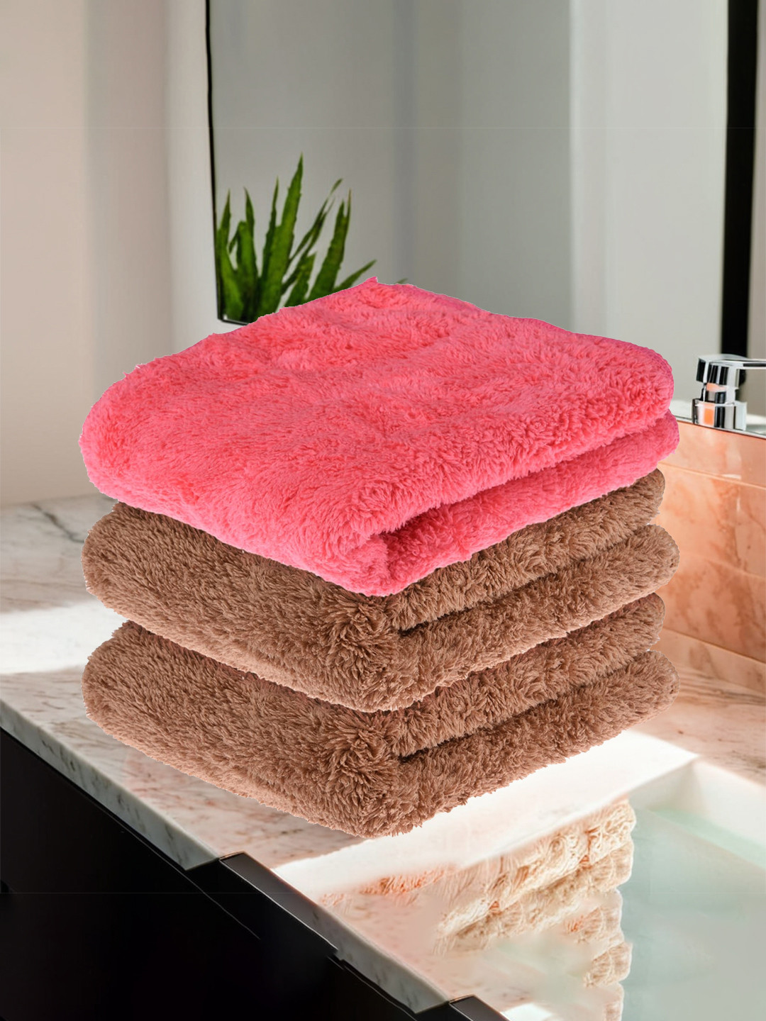 

Kuber Industries Pink & Brown 3 Pieces Microfiber 350 GSM Bath Towel