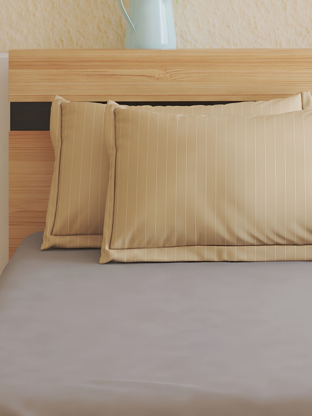 

Home Centre Beige 2 Pieces Striped Pure Cotton Rectangle Pillow Covers