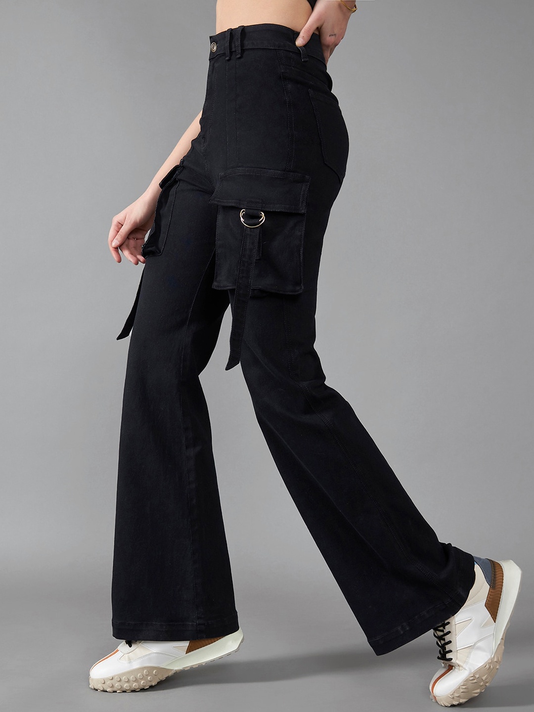 

Dolce Crudo Women Bootcut High-Rise Clean Look Stretchable Cargo Jeans, Black