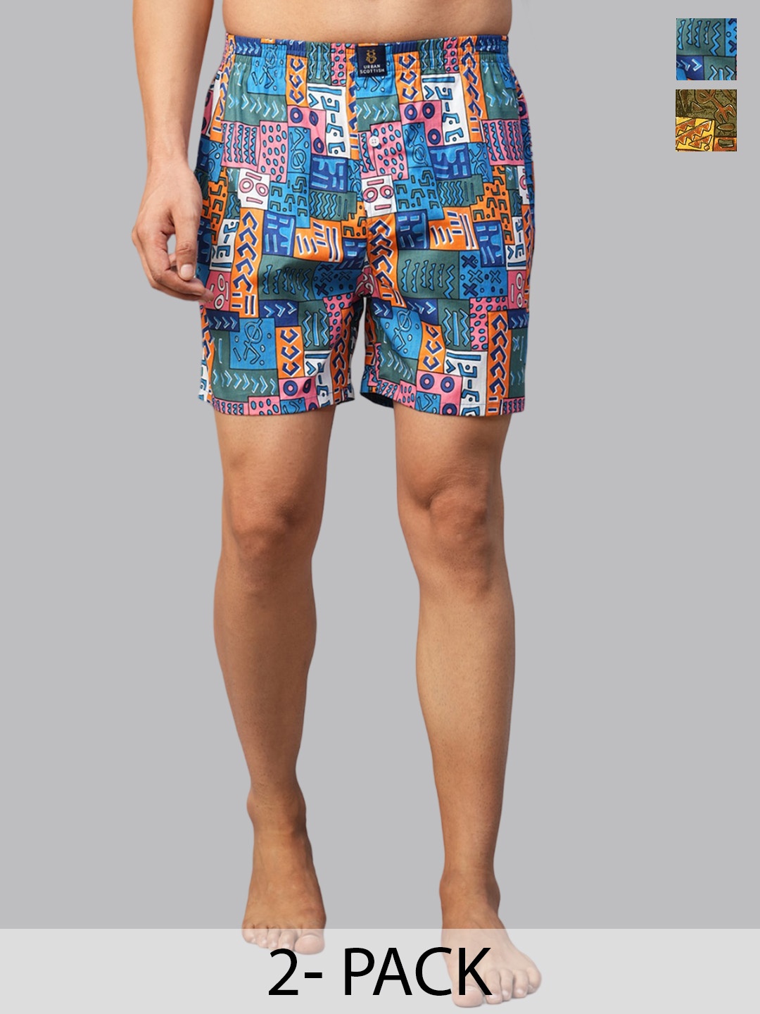 

URBAN SCOTTISH Pack Of 2 Printed Pure Cotton Boxers, Green