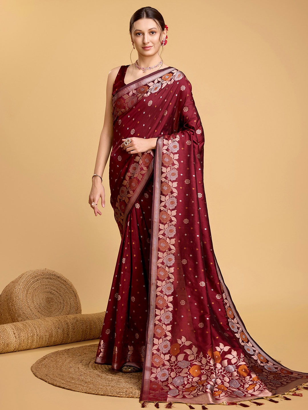 

bansari textiles Floral Zari Silk Cotton Banarasi Saree, Maroon