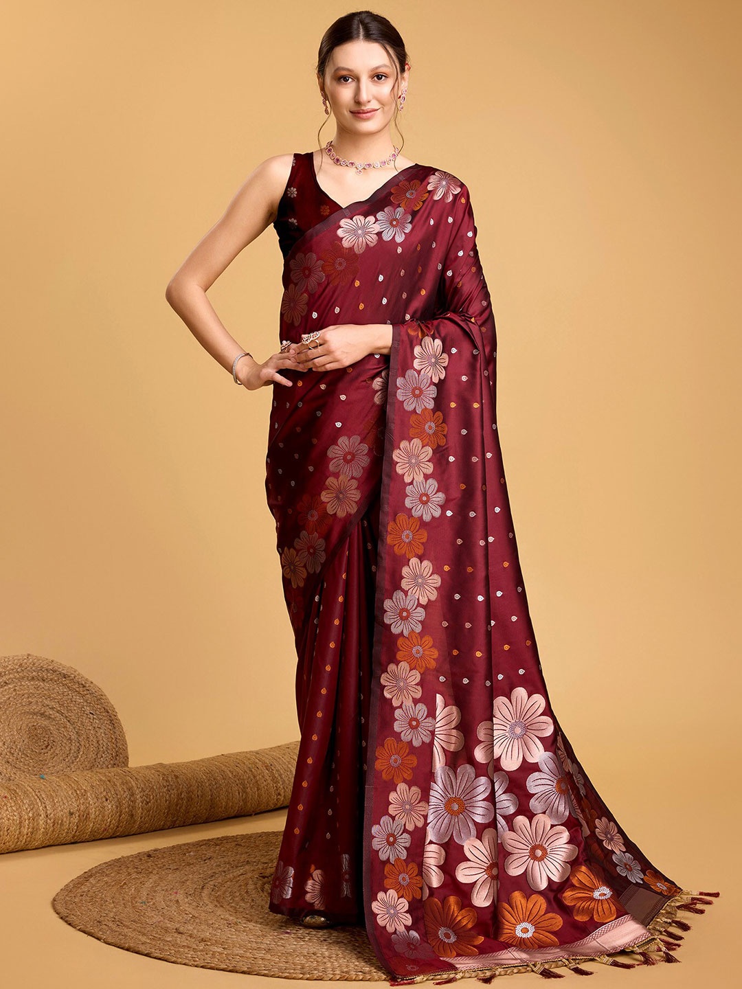 

bansari textiles Floral Zari Silk Cotton Banarasi Saree, Maroon