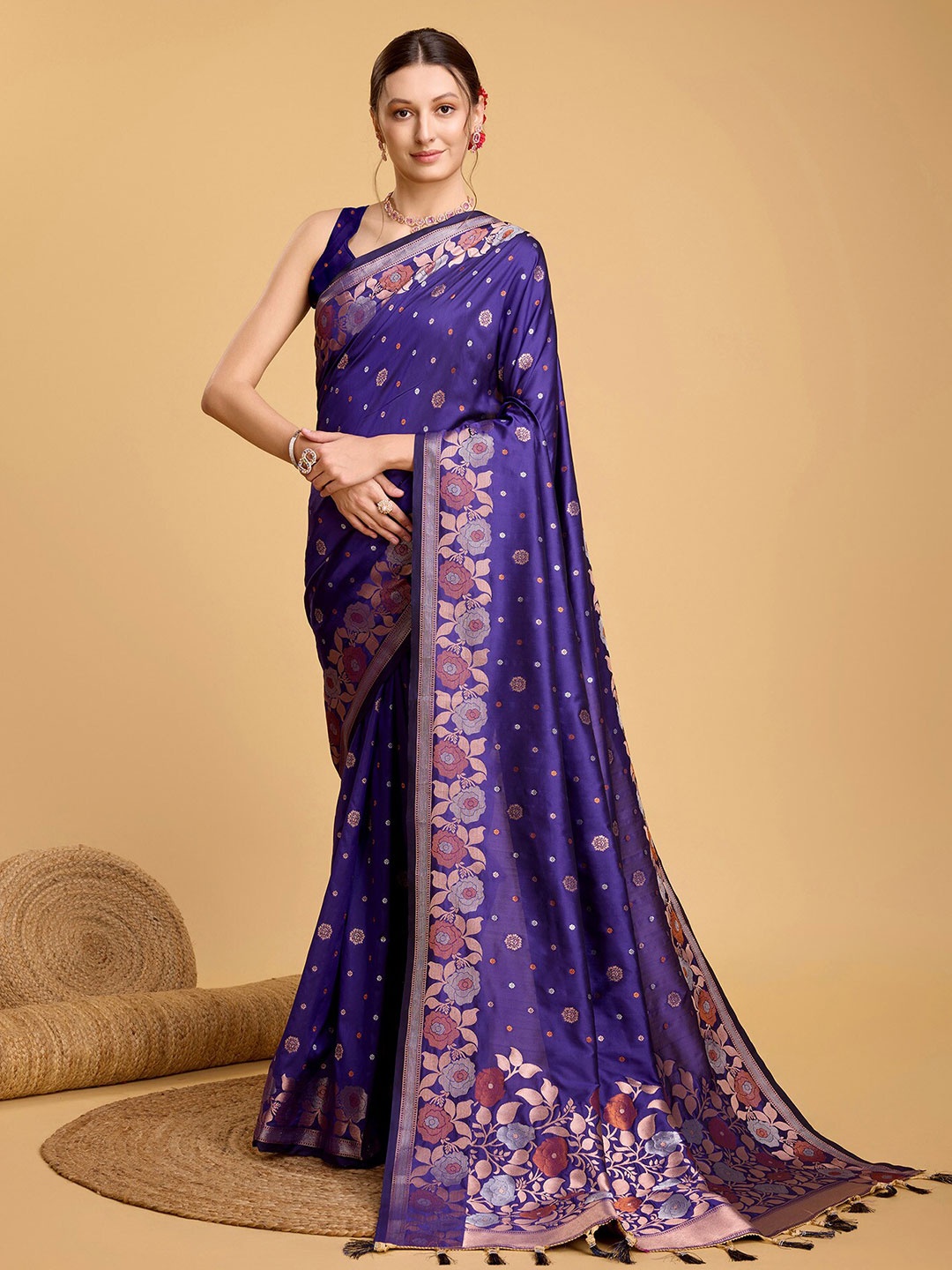 

bansari textiles Ethnic Woven Design Zari Silk Cotton Banarasi Saree, Blue