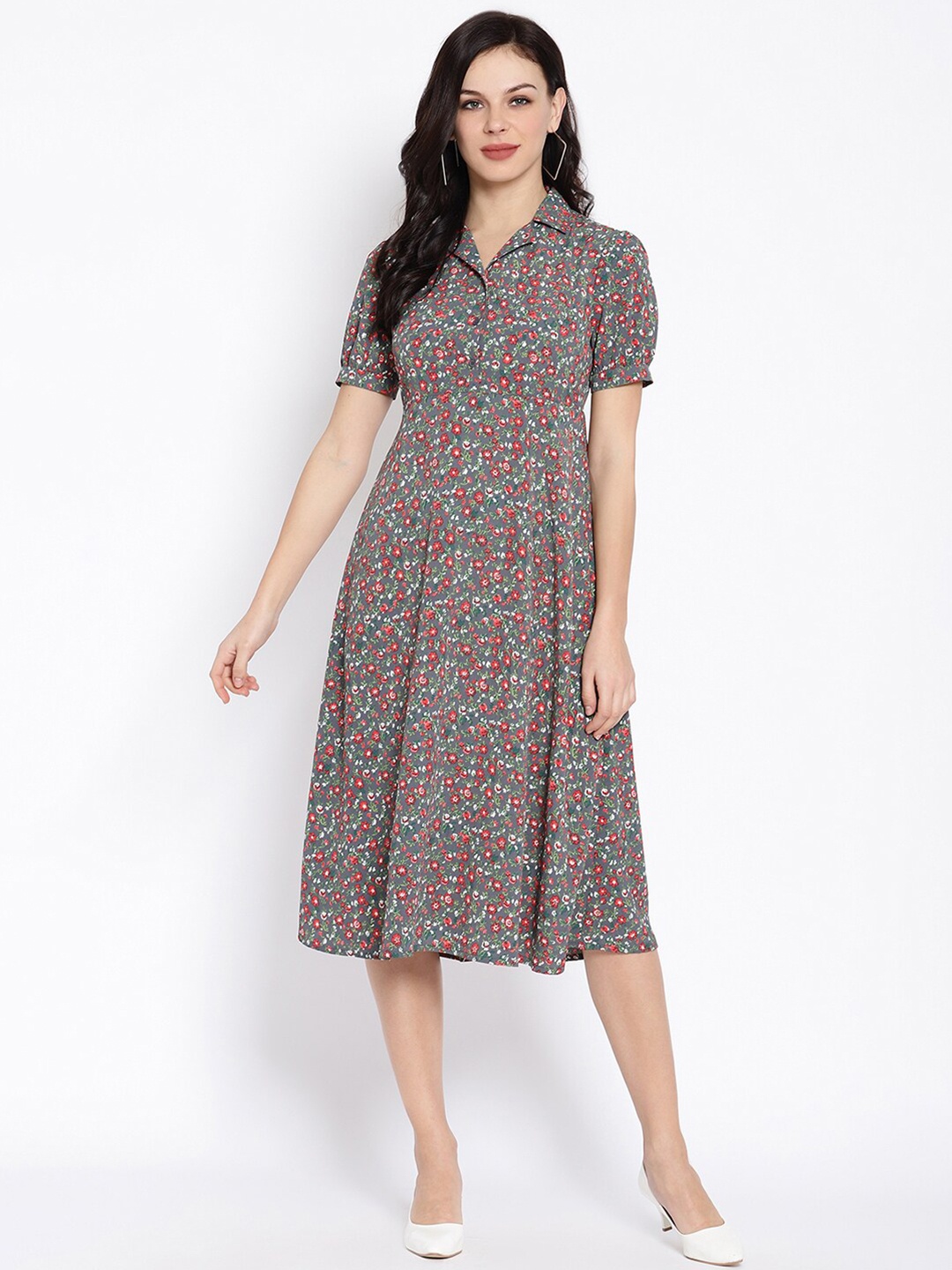

HOUSE OF KKARMA Floral Printed Puff Sleeve Shirt Collar A-Line Midi Dress, Grey