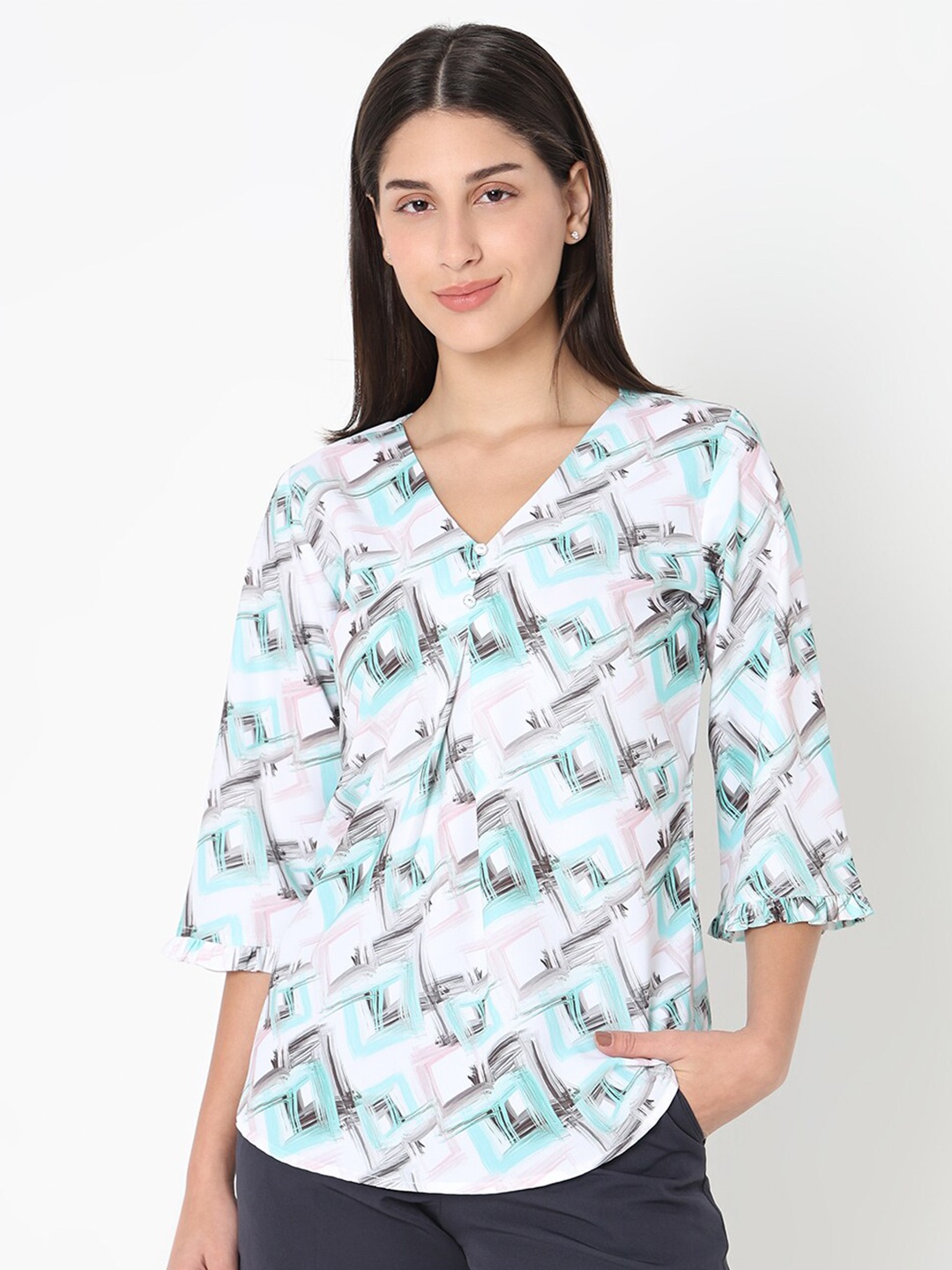 

NOT SO PINK Geometric Print V-Neck Top, Green