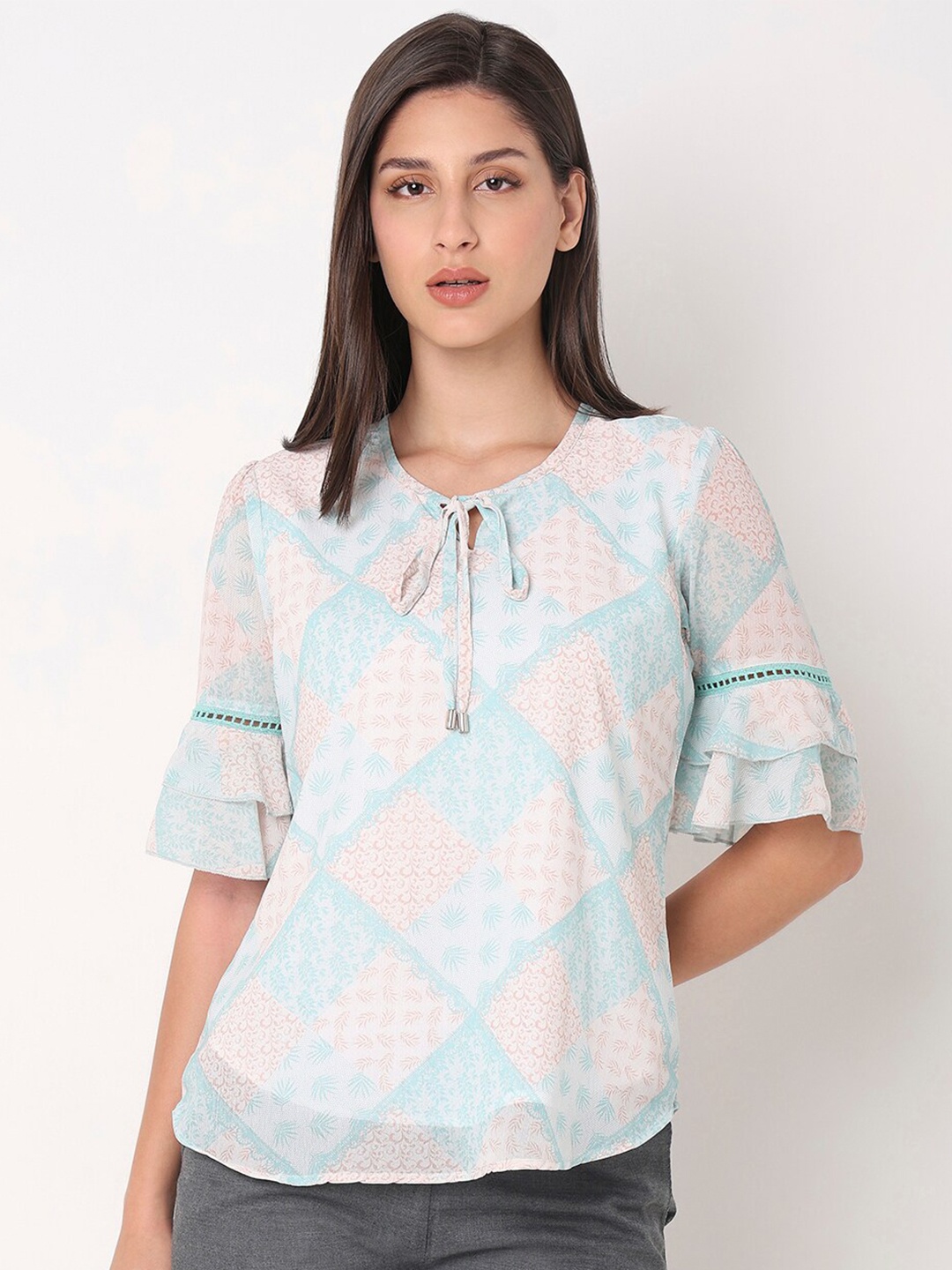 

NOT SO PINK Floral Print Tie-Up Neck Bell Sleeve Top, Sea green
