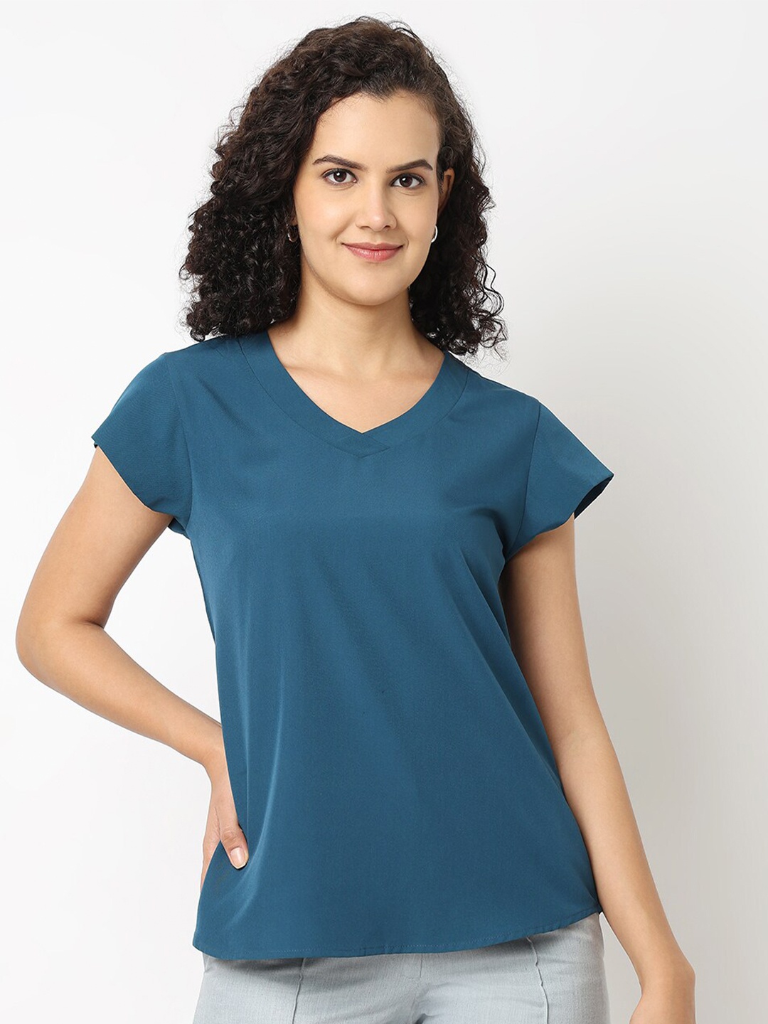 

NOT SO PINK Cap Sleeves V-Neck Top, Teal