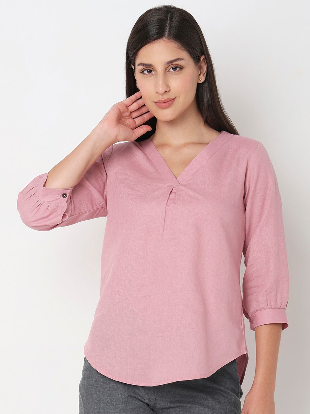 

NOT SO PINK Cotton linen V Neck Top, Rose