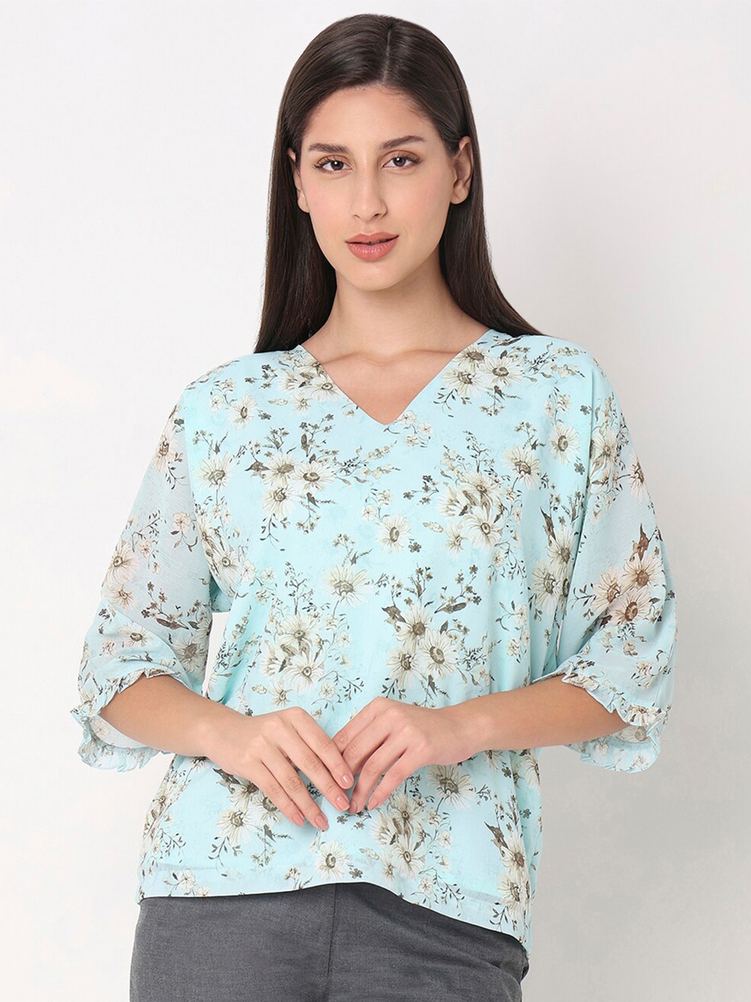 

NOT SO PINK Floral Printed V-Neck Top, Sea green