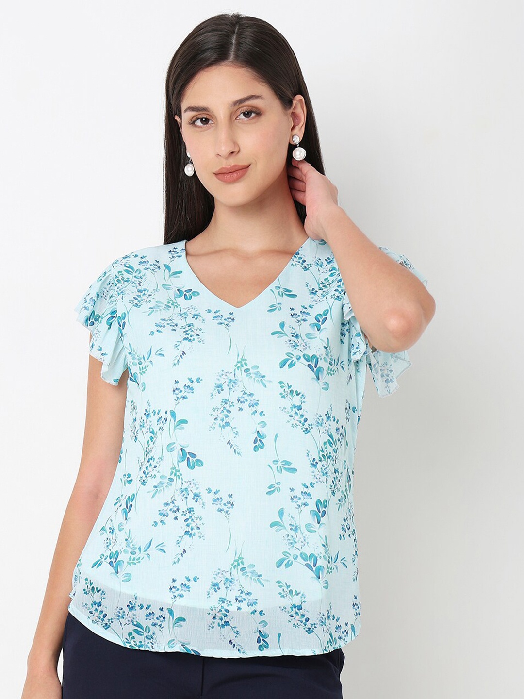 

NOT SO PINK Floral Print Flutter Sleeves Top, Sea green