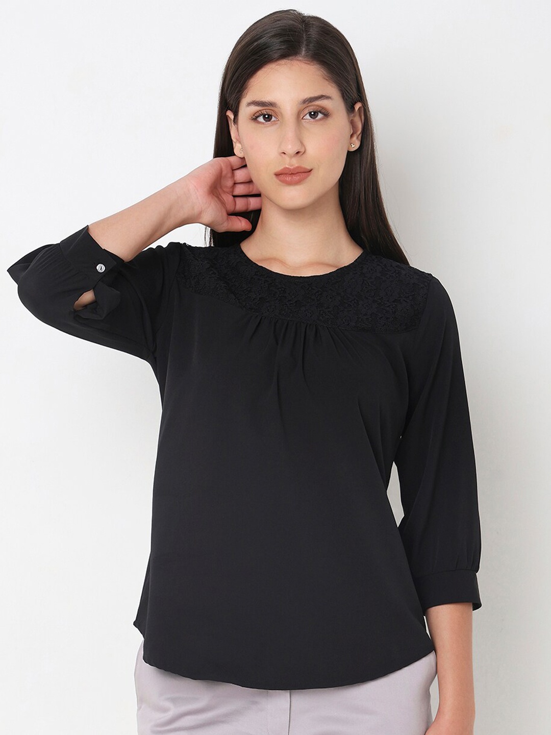 

NOT SO PINK Lace Detailing Round Neck Top, Black