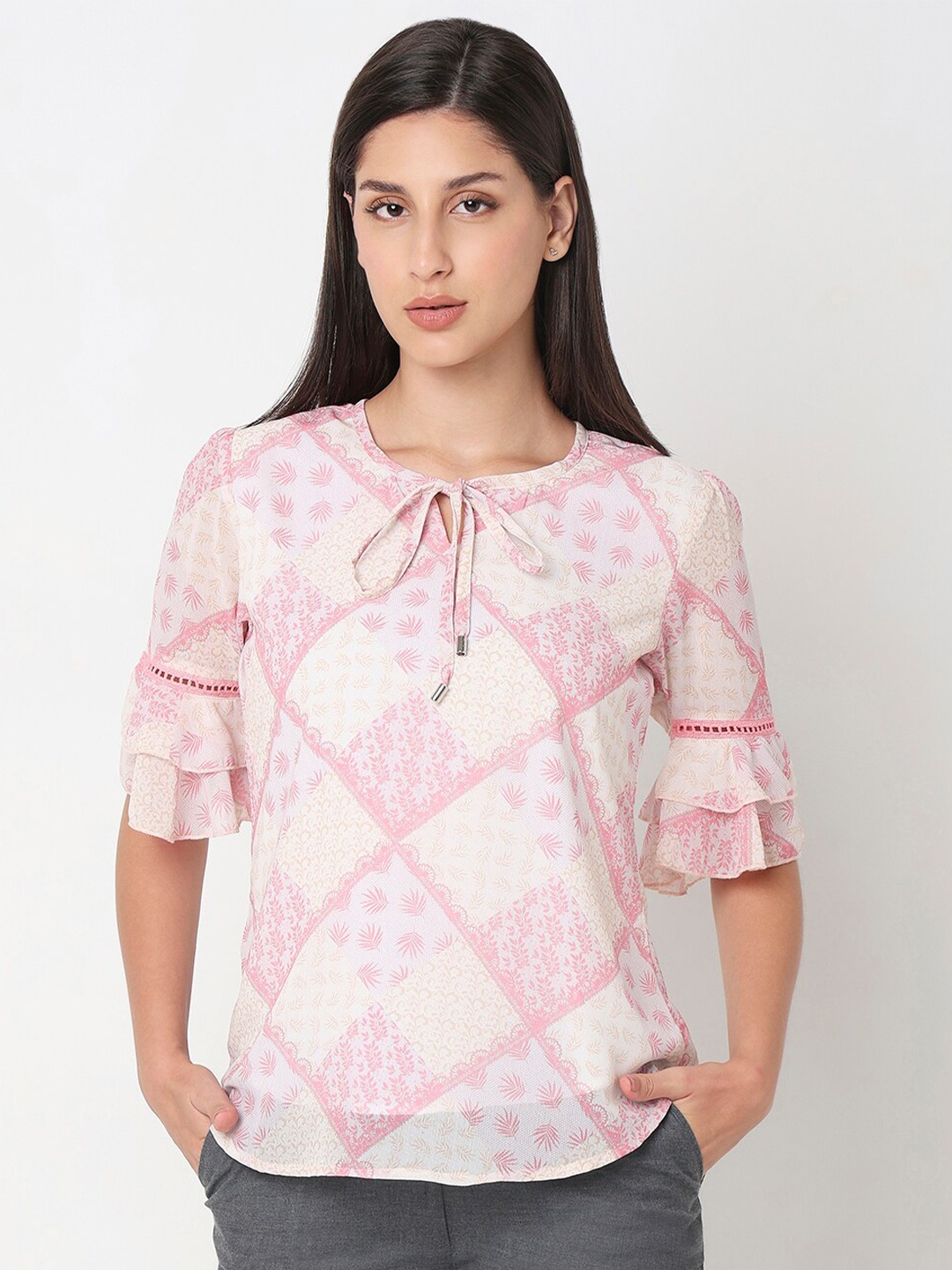 

NOT SO PINK Geometric Print Tie-Up Neck Bell Sleeve Top