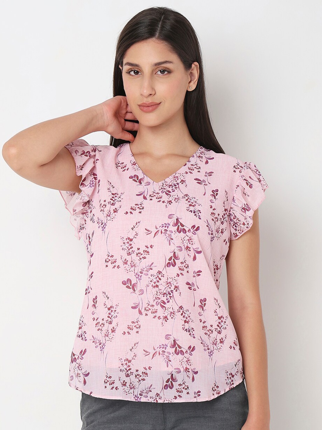 

NOT SO PINK Floral Printed Flutter Sleeve Top