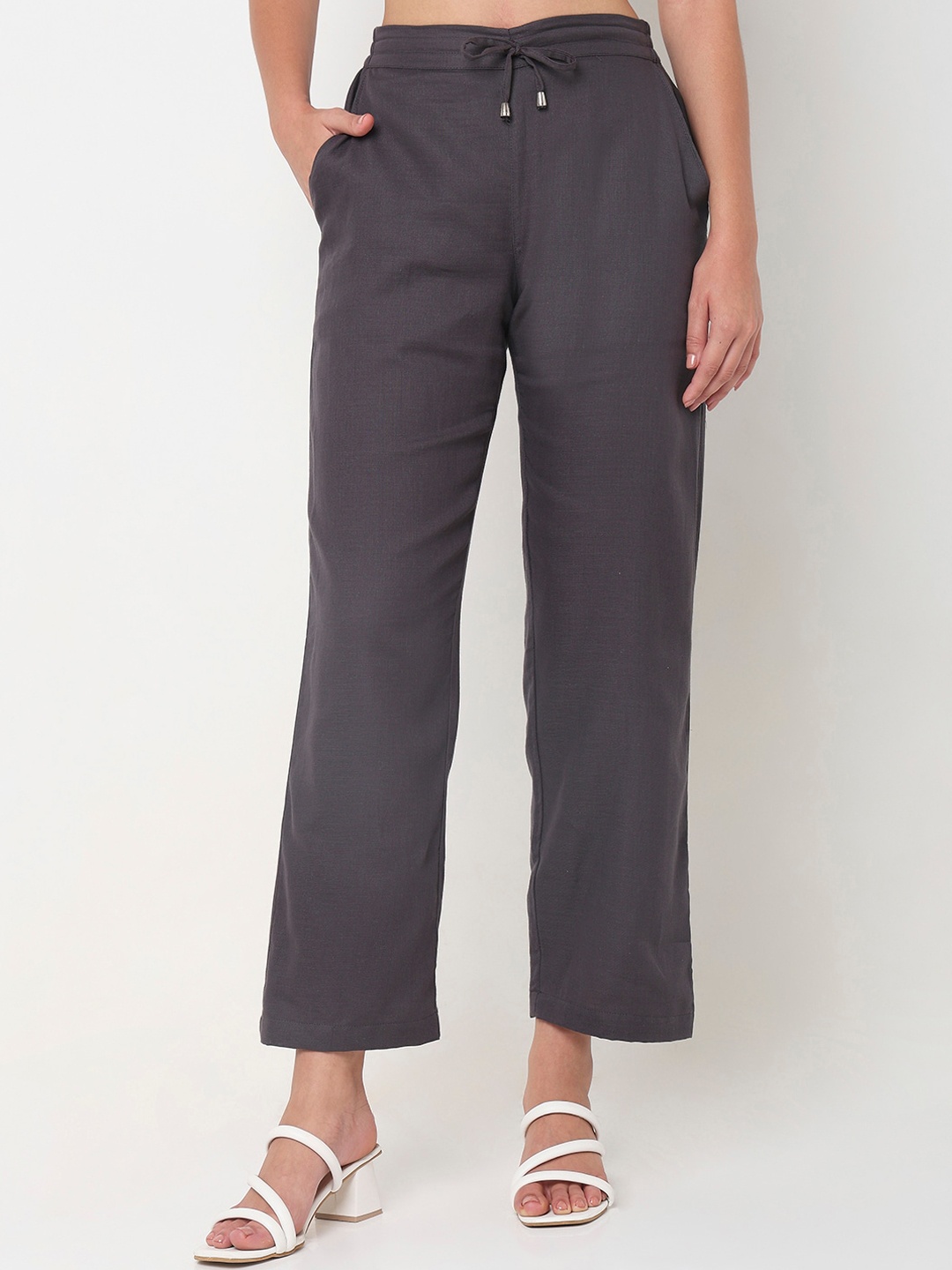 

NOT SO PINK Comfort Women Mid Rise Cotton Trousers, Grey