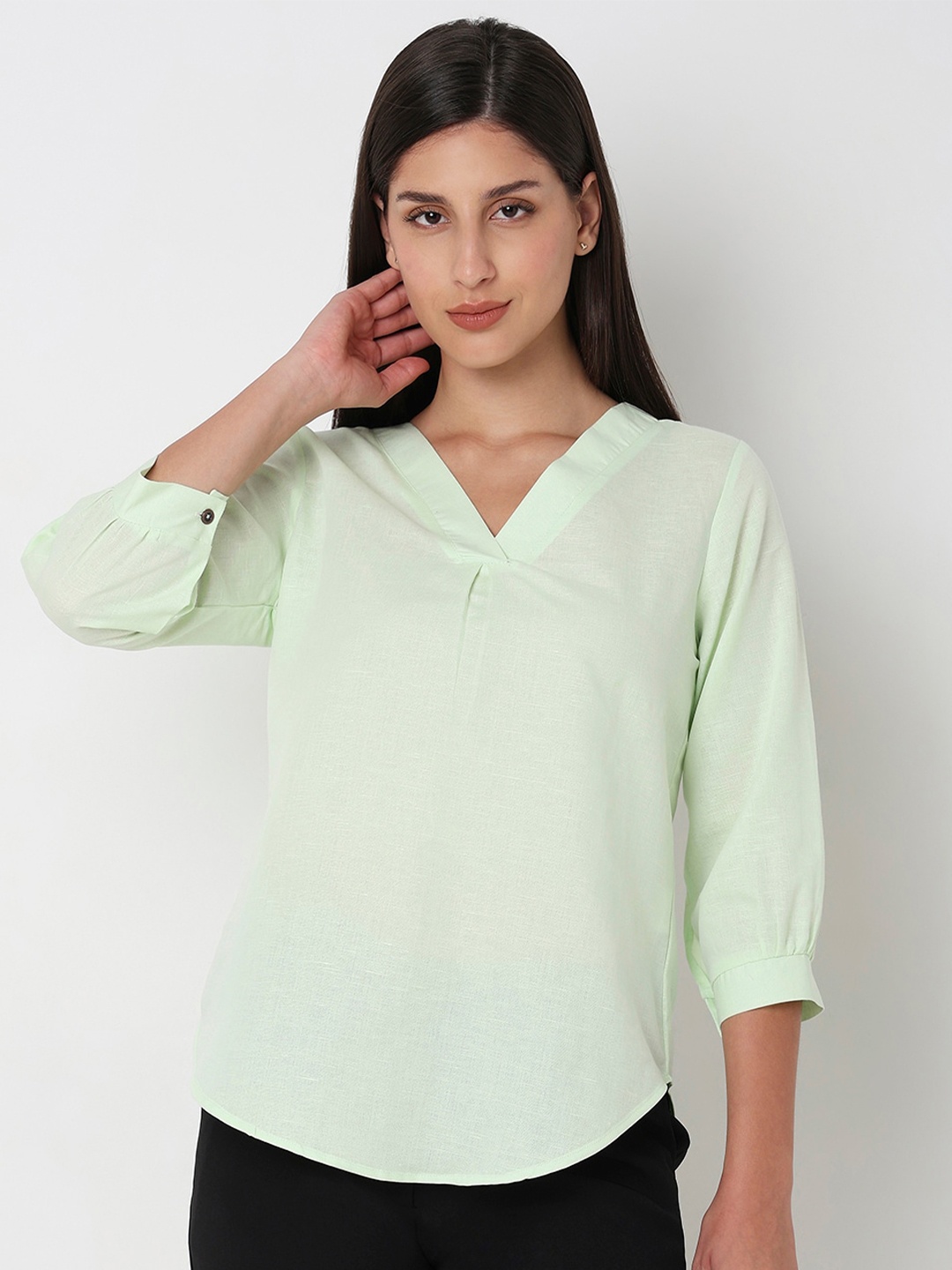 

NOT SO PINK Cotton linen V Neck Top, Lime green