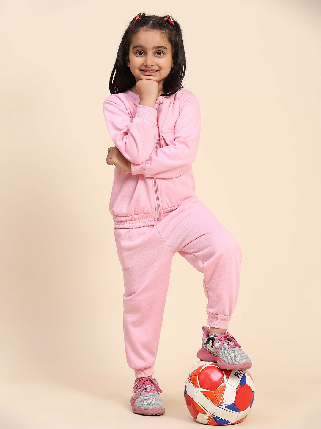 

Ameeha Girls Mock Collar Shirt Collar Jacket With Joggers, Pink