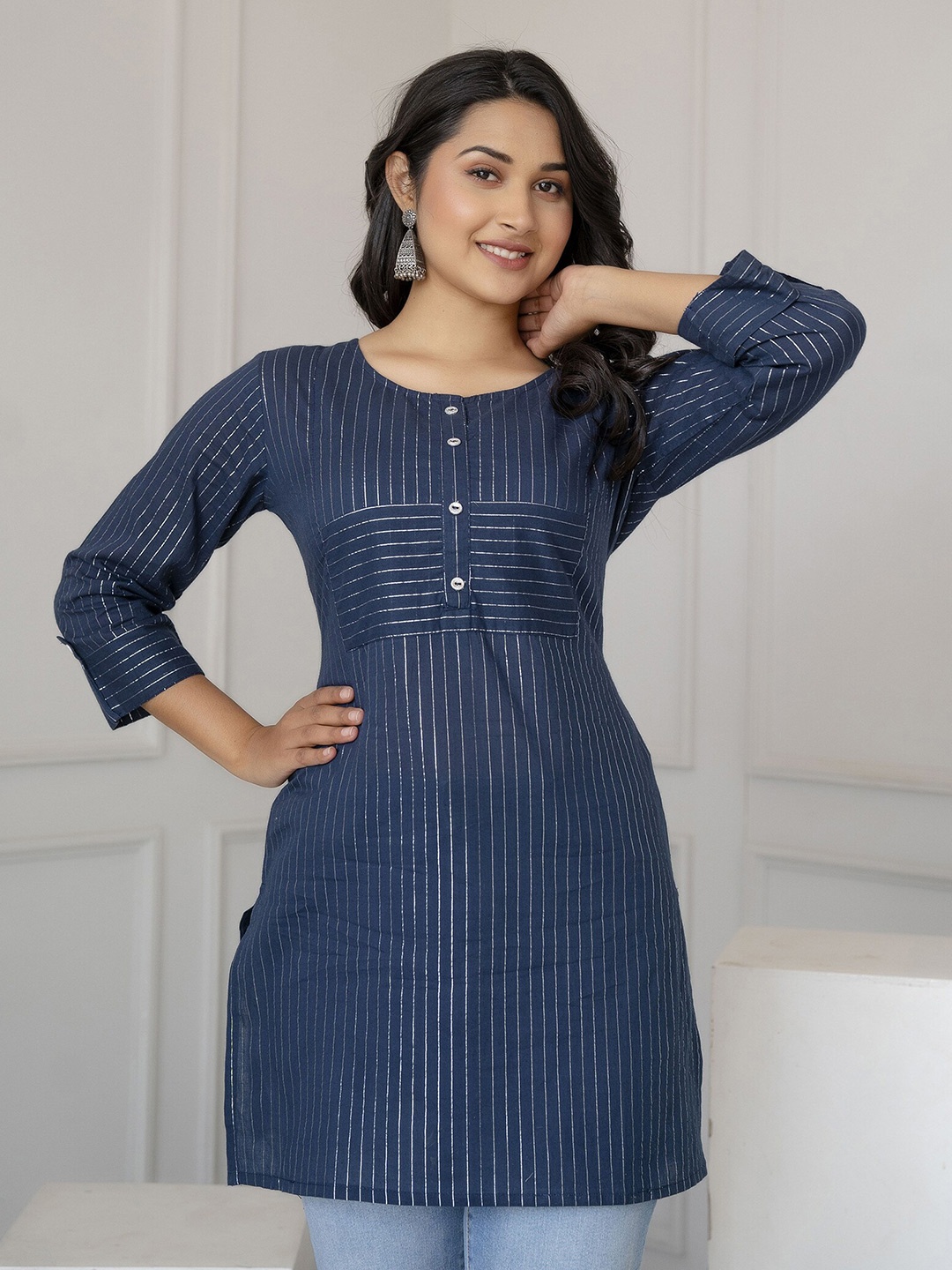 

Nayo Striped Round Neck A-Line Pure Cotton Kurti, Navy blue