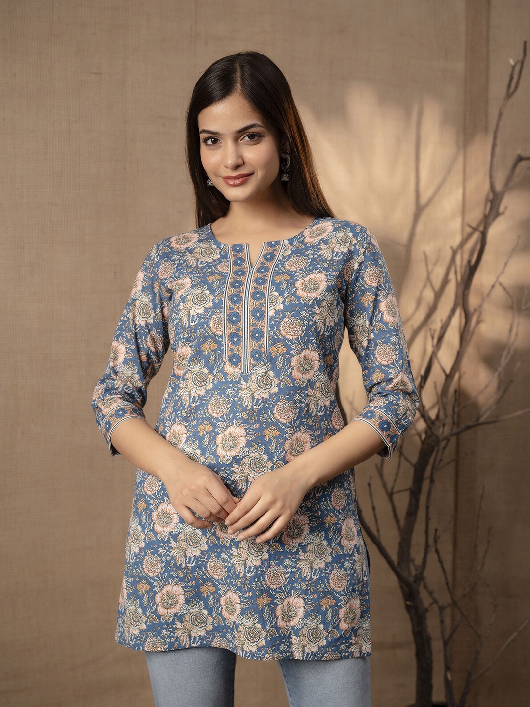 Nayo Ethnic Motifs Printed Pure Cotton Kurti, Blue