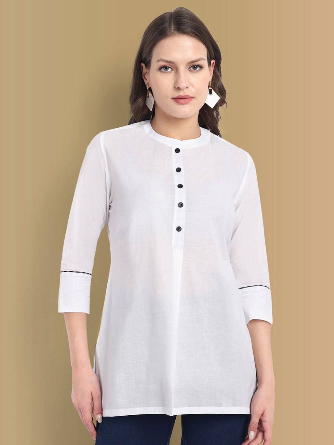 

Mera Rang Mandarin Collar Cotton Tunic, White