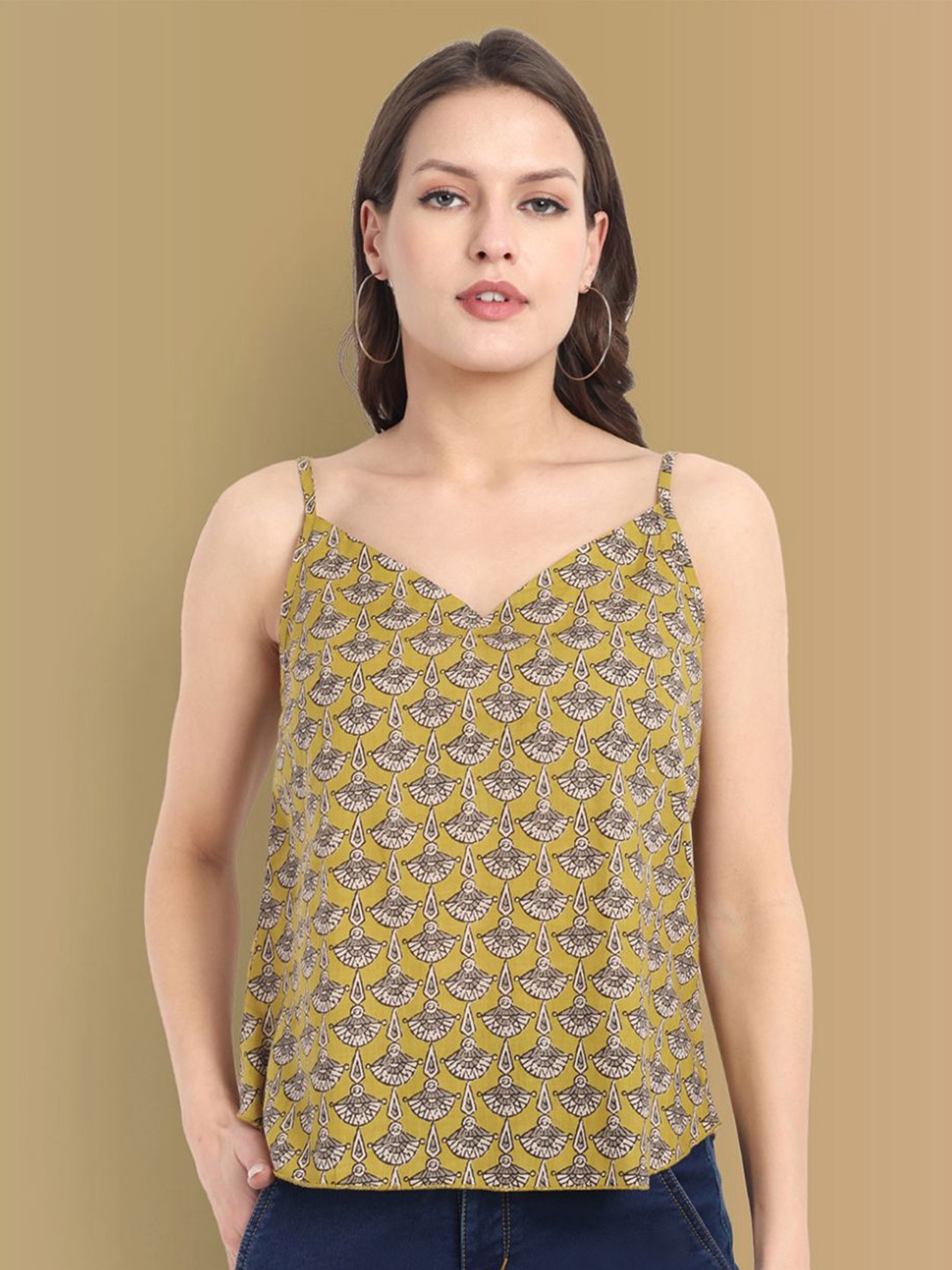 

Mera Rang Ethnic Motifs Printed Shoulder Straps Cotton Top, Mustard