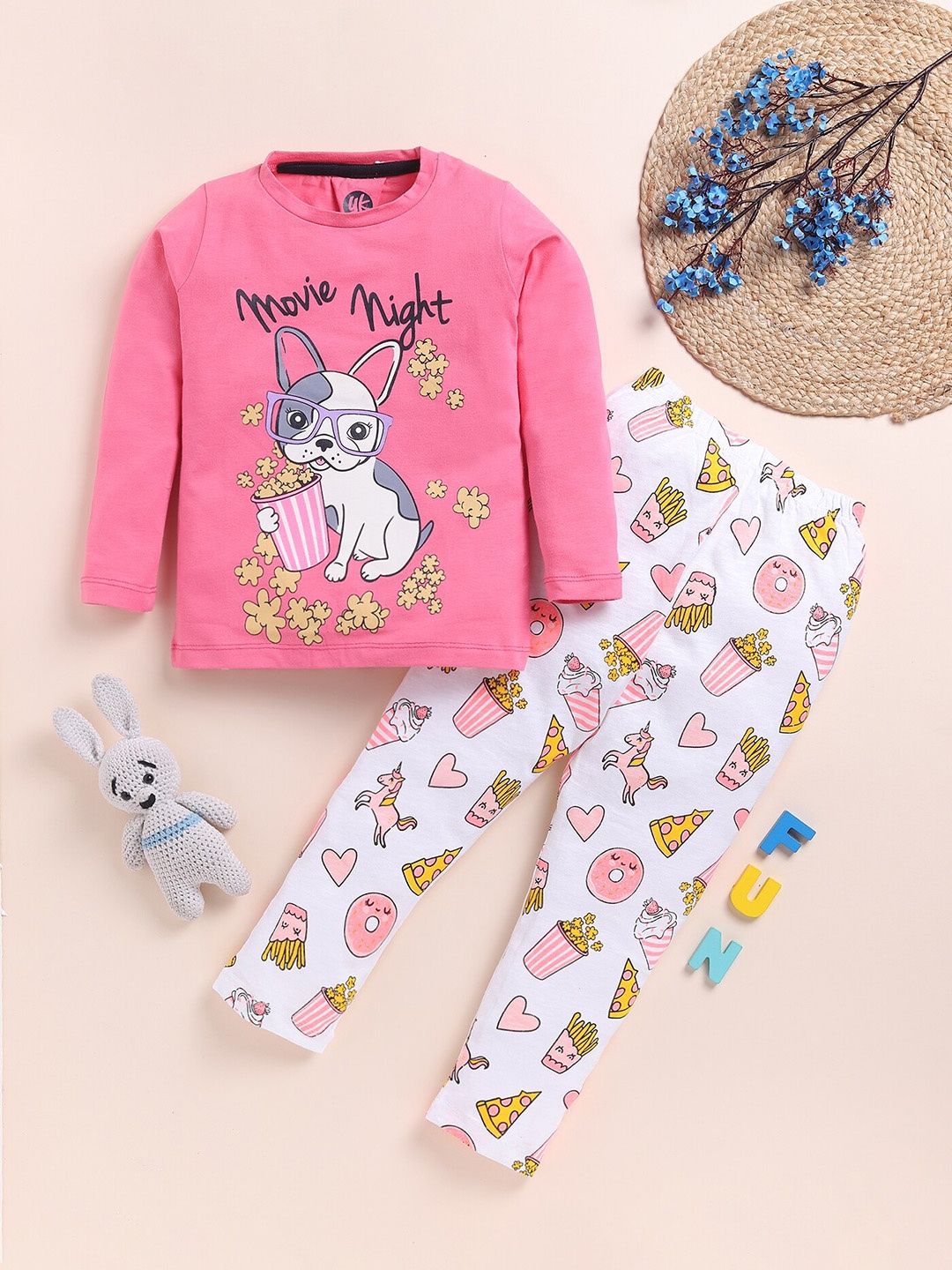 

YK Girls Graphic Printed Long Sleeves Night suit, Pink