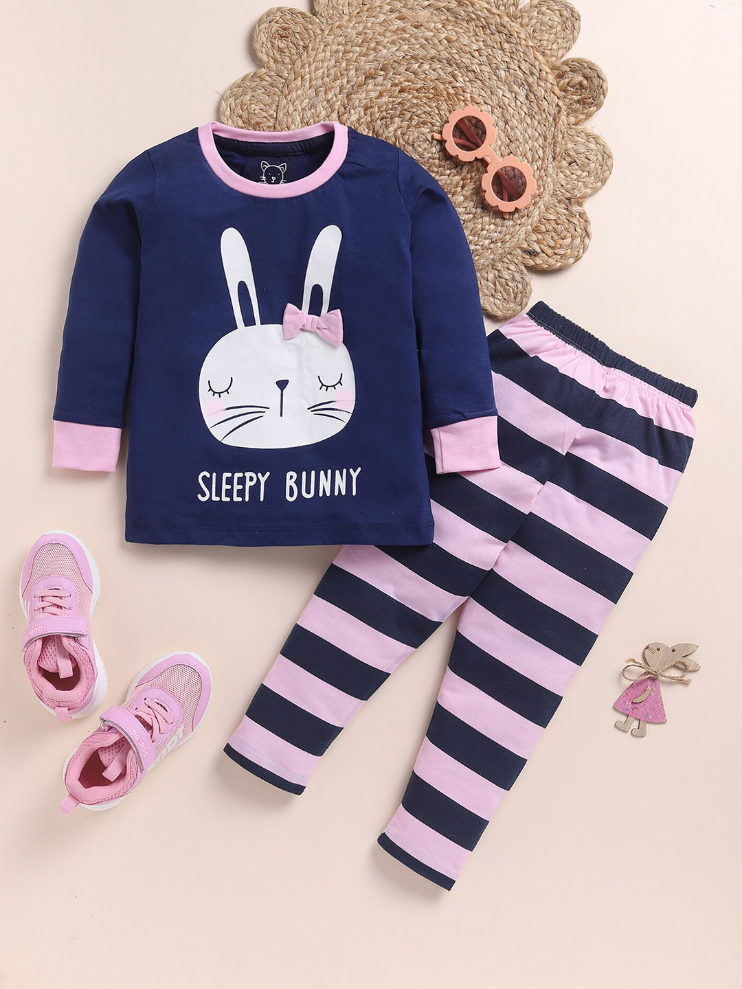 

YK Girls Graphic Printed Long Sleeves Night suit, Navy blue
