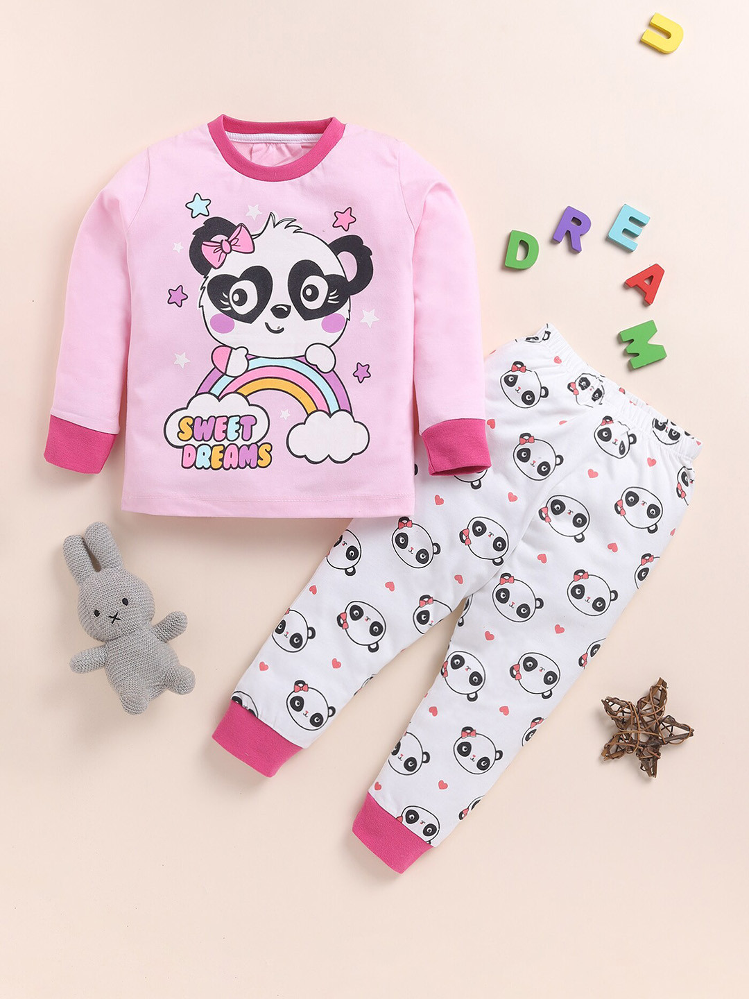 

YK Girls Graphic Printed Long Sleeves Night suit, Pink