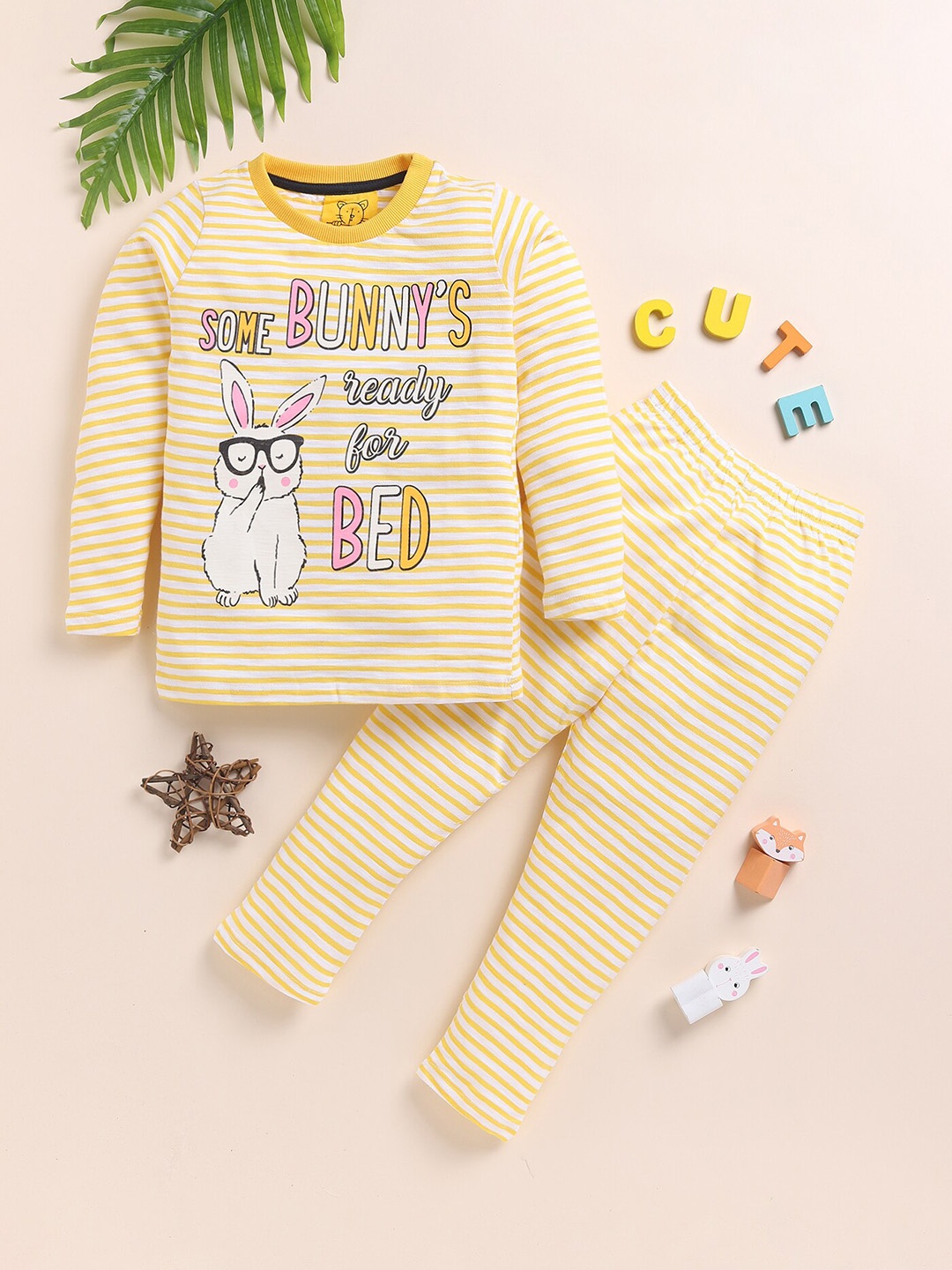 

YK Girls Bunny Printed Long Sleeves Night suit, Yellow
