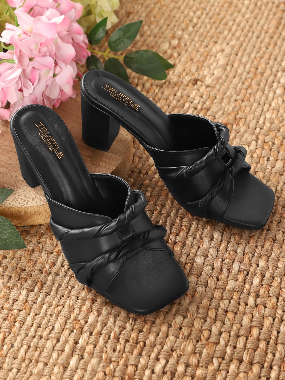 

Truffle Collection Open Toe Block Heels, Black