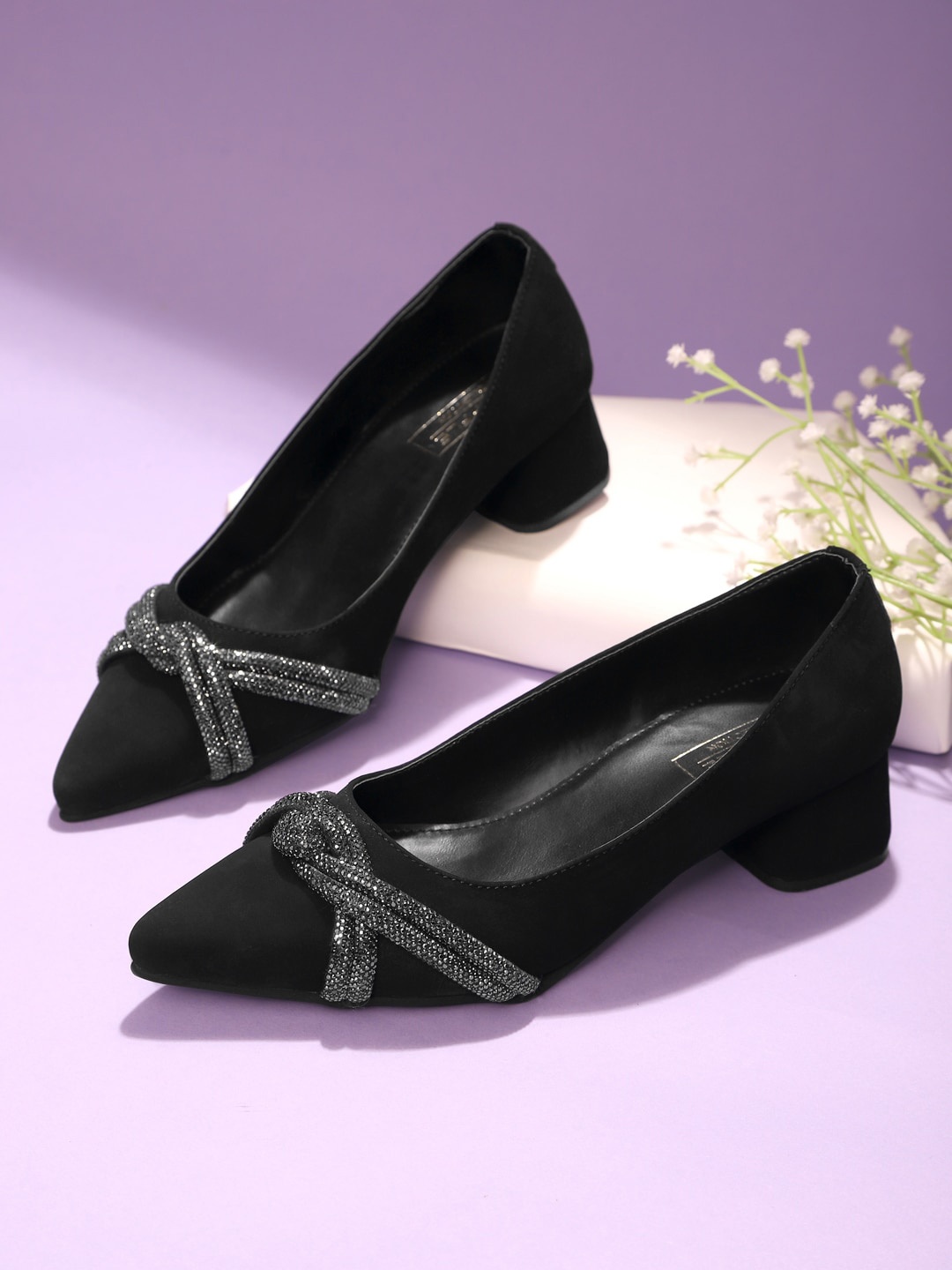 

Truffle Collection Embellished Suede Block Heel Pumps, Black