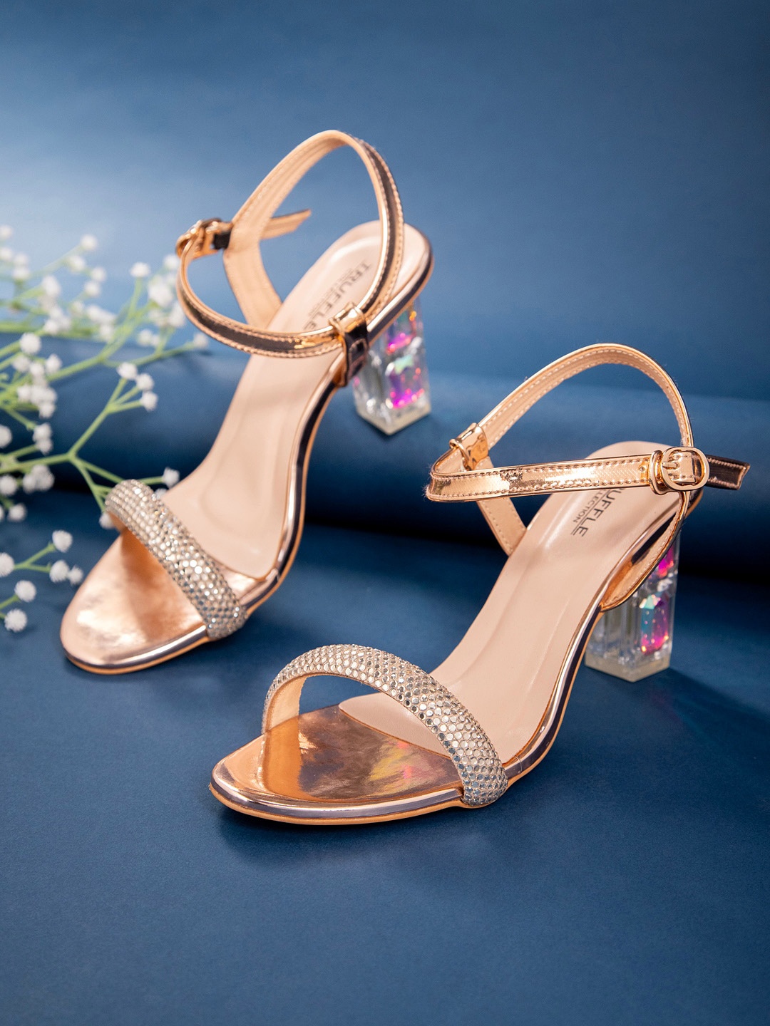 

Truffle Collection Embellished Open Toe Block Heels, Rose gold