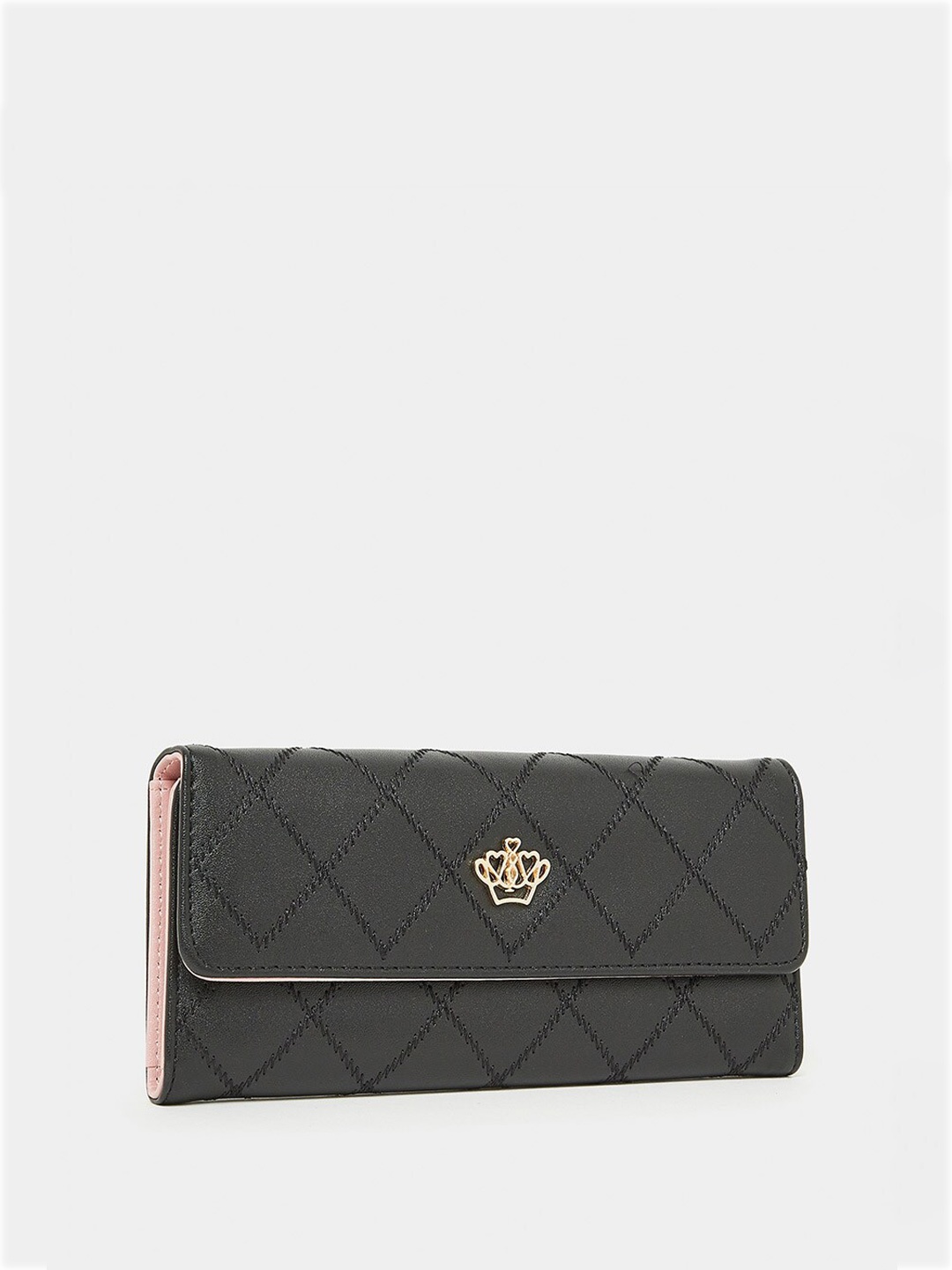 

Styli Black Women Embroidered Stitch Detail Diamond Design Two Fold Wallet