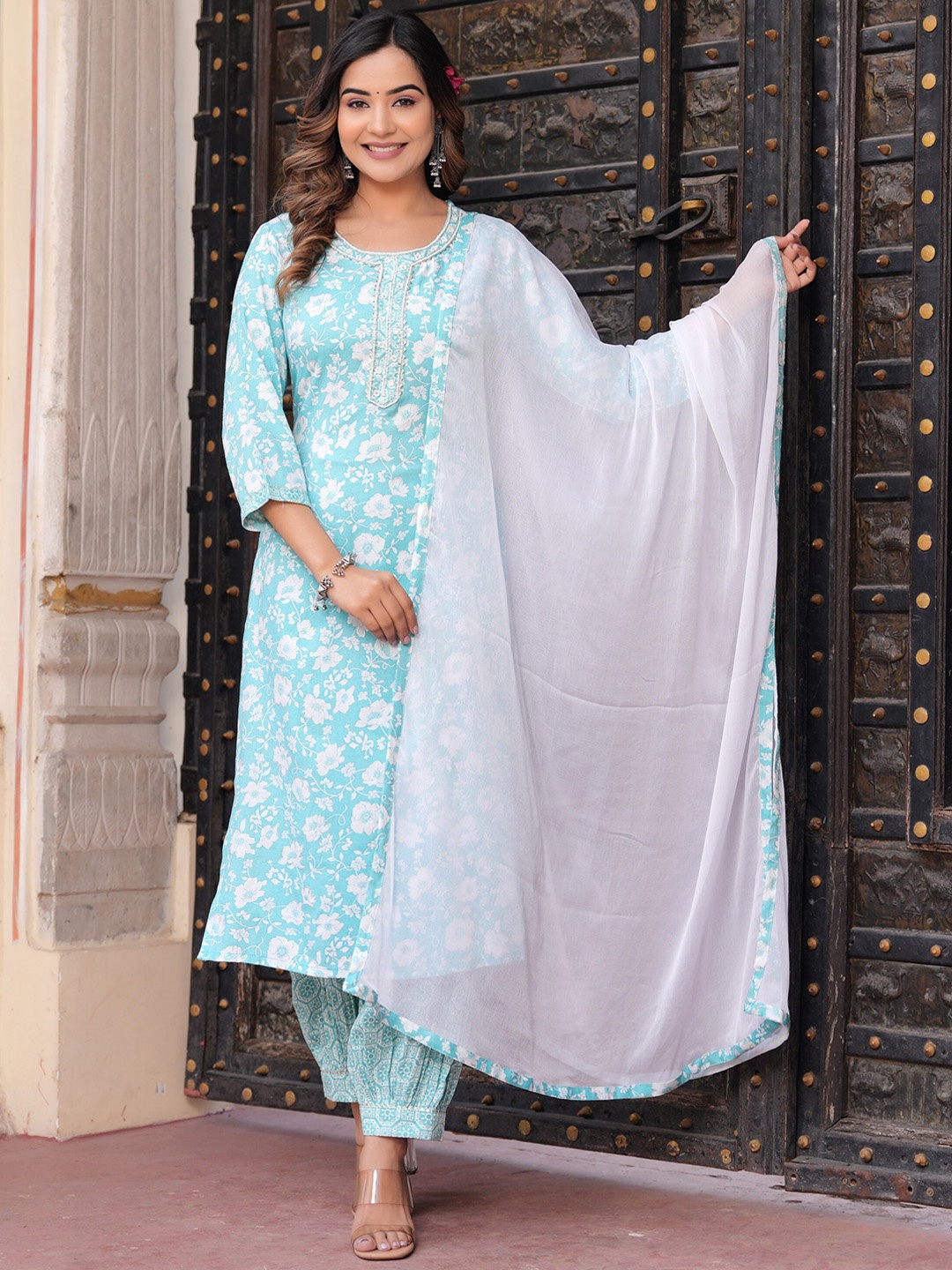 

AAYUMI Floral Printed Round Neck Gotta Patti Kurta With Palazzos & Dupatta, Turquoise blue