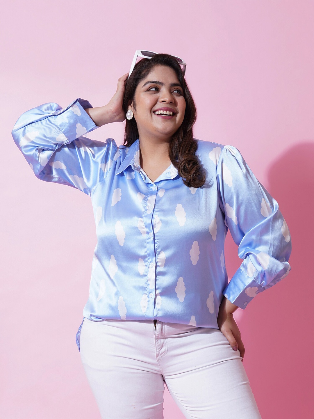 

U&F Beyond Plus Size Graphic Printed Shirt Collar Satin Shirt Style Top, Blue