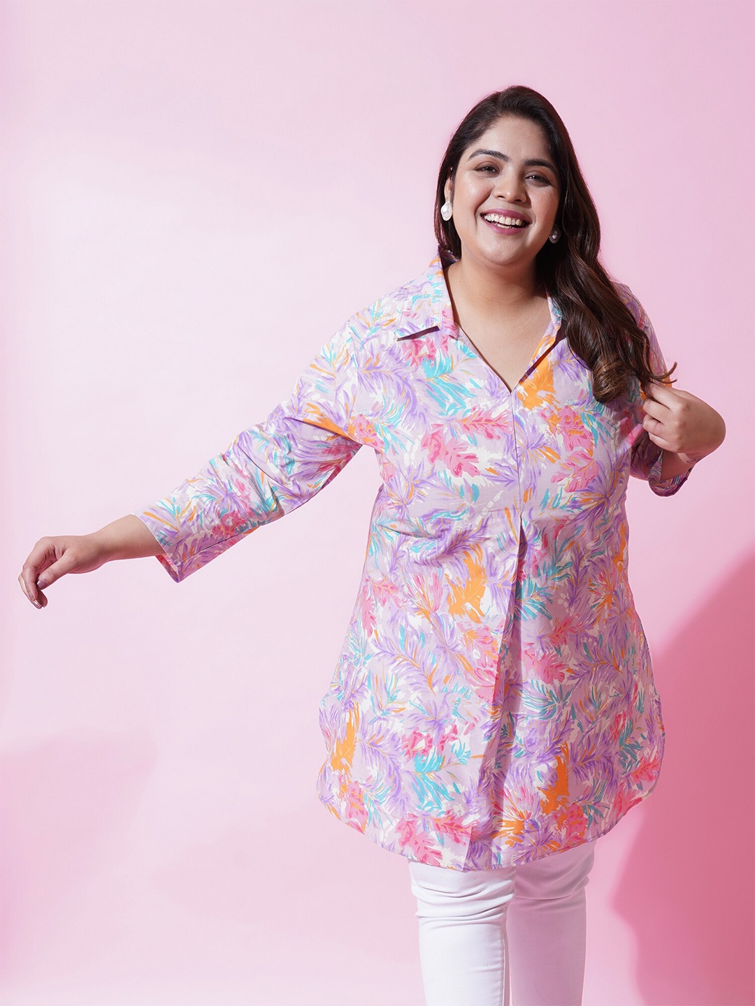 

U&F Beyond Plus Size Floral Printed Shirt Collar Cotton Top, Pink