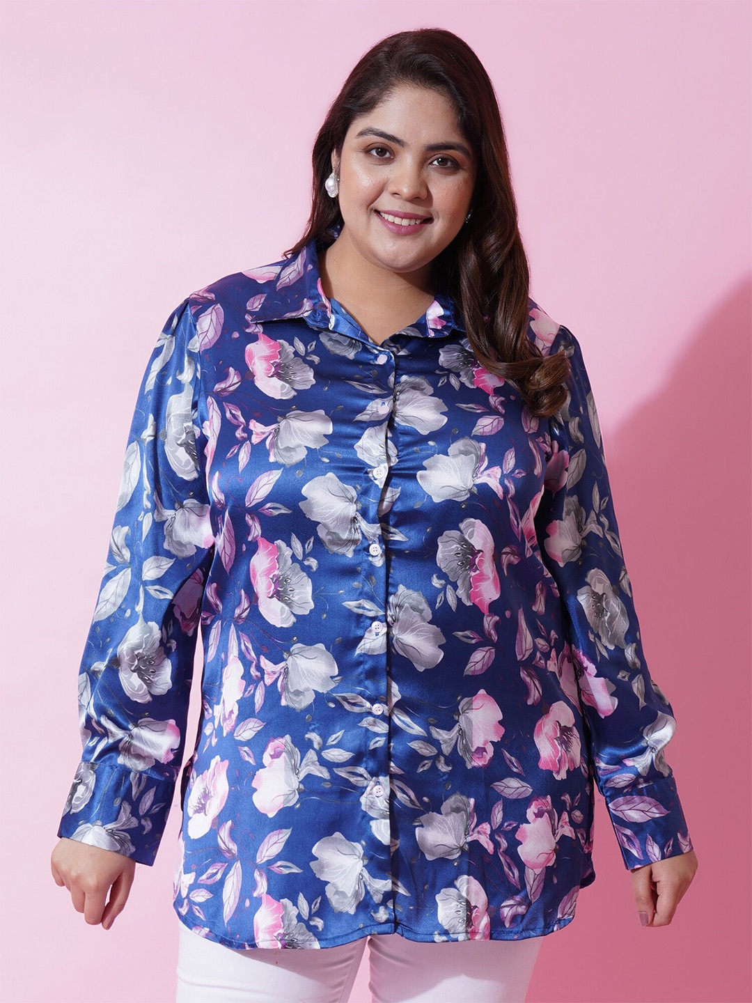 

U&F Beyond Plus Size Floral Printed Shirt Collar Satin Shirt Style Top, Blue