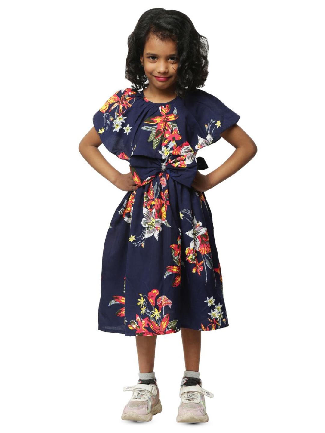 

BAESD Infant Girls Floral Print Cape Sleeve Crepe Fit & Flare Midi Dress, Navy blue