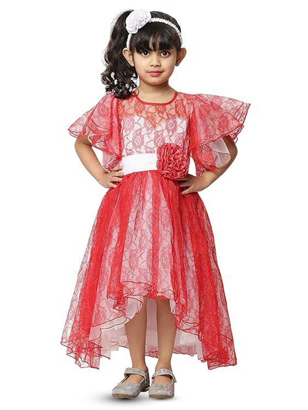 

BAESD Girls Self Design Sleeves Satin Fit & Flare Midi Dress, Red