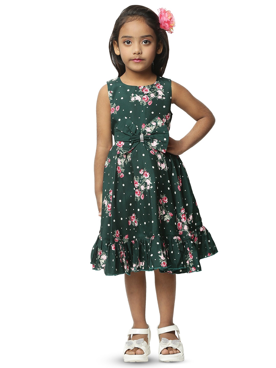 

BAESD Girls Floral Printed Sleeveless Tiered & Bow Detail Fit & Flare Dress, Green