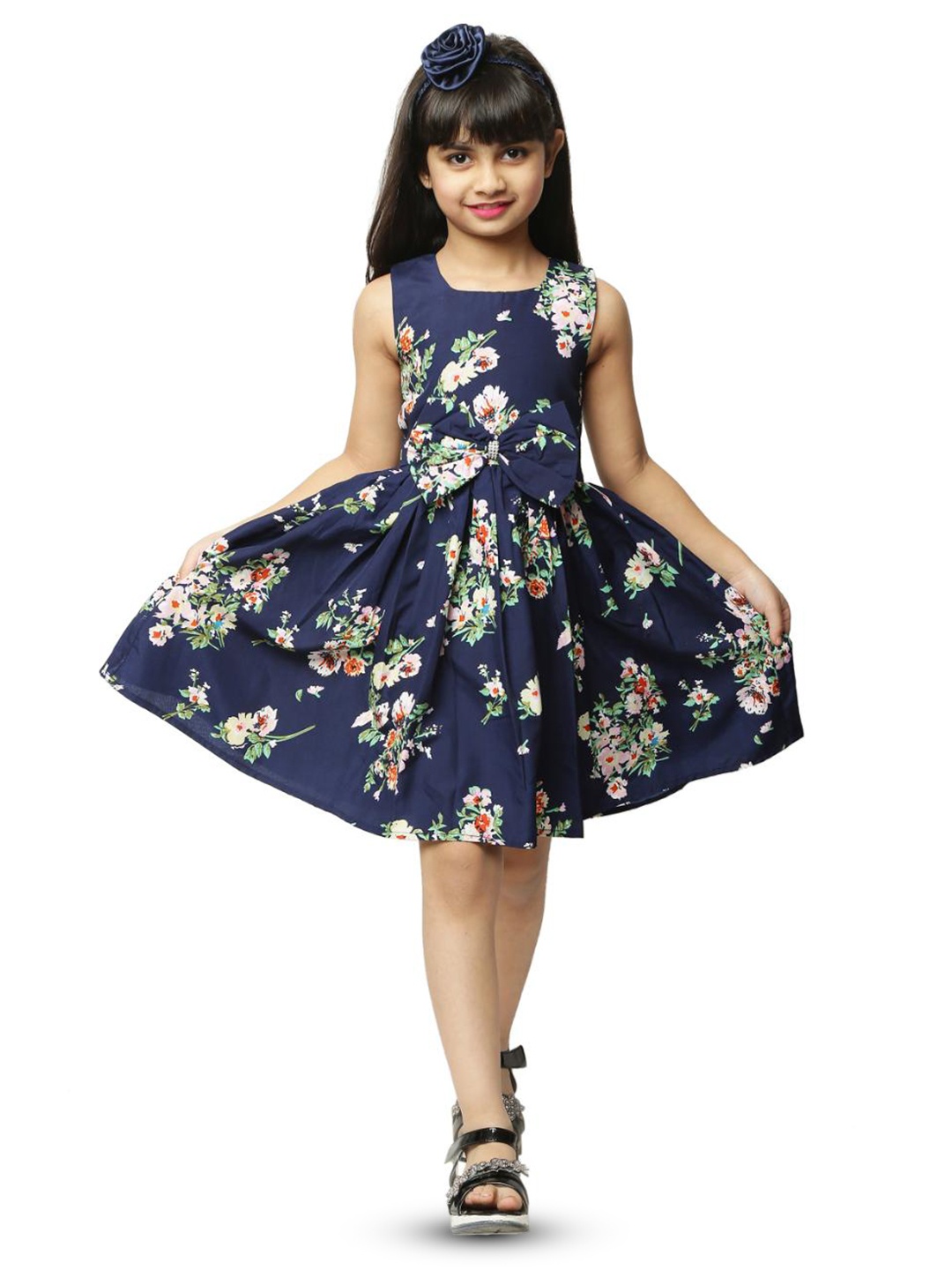 

BAESD Girls Floral Printed Fit & Flare Knee Length Dress, Navy blue