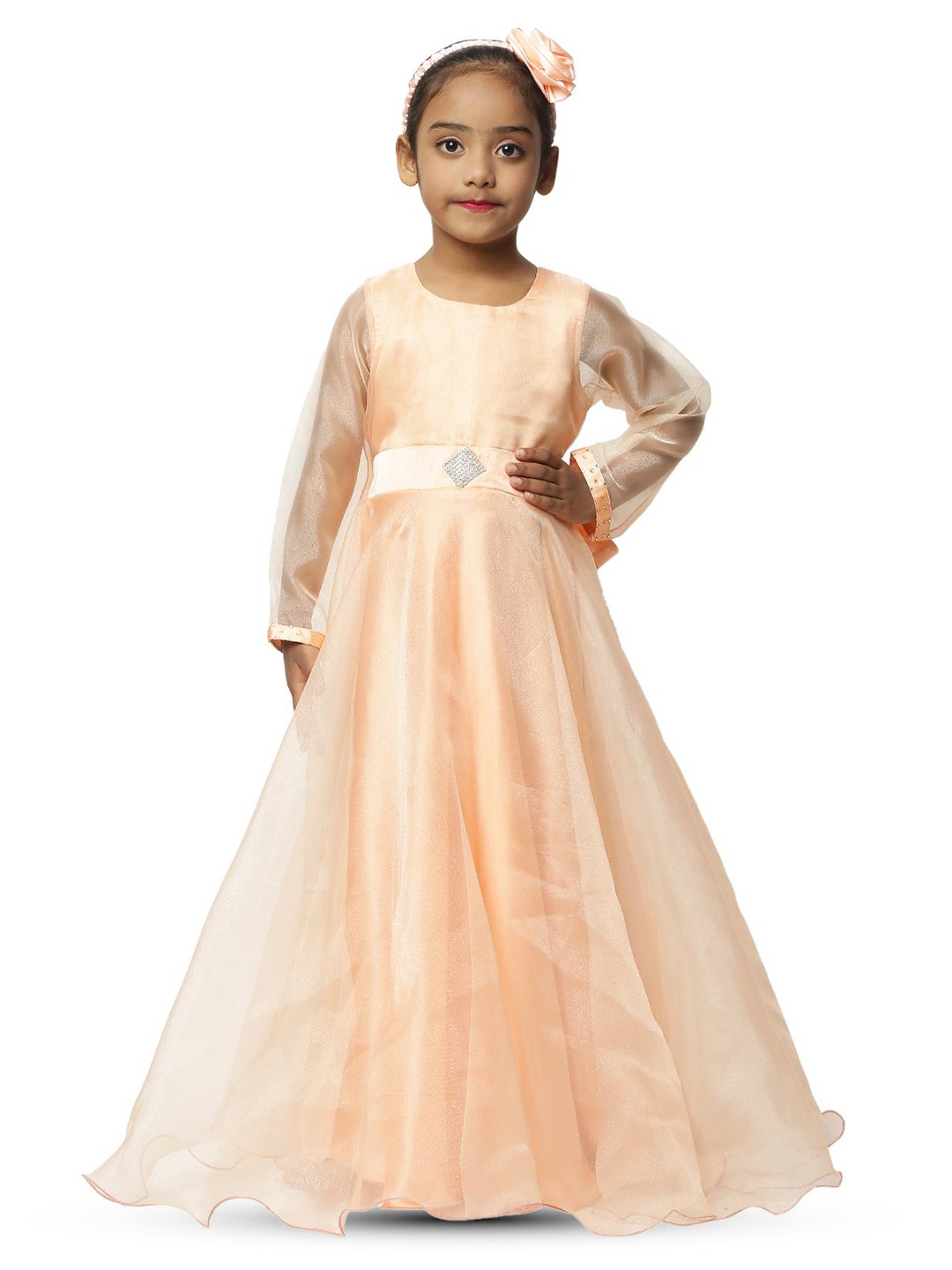 

BAESD Girls Self Design Embellished Satin Maxi Dress, Peach