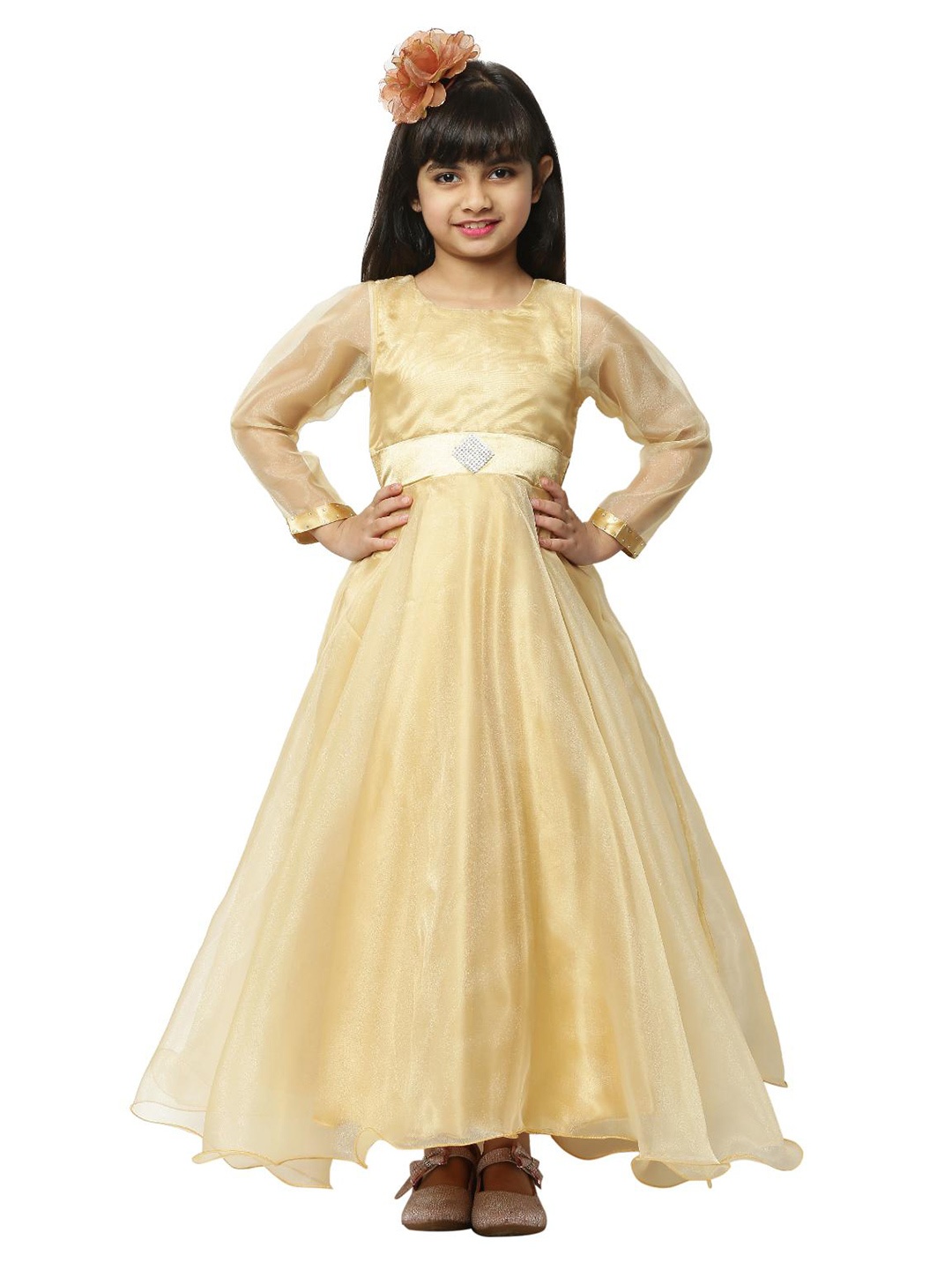 

BAESD Girls Round Neck Flared Fit & Flare Maxi Belted Dress, Gold