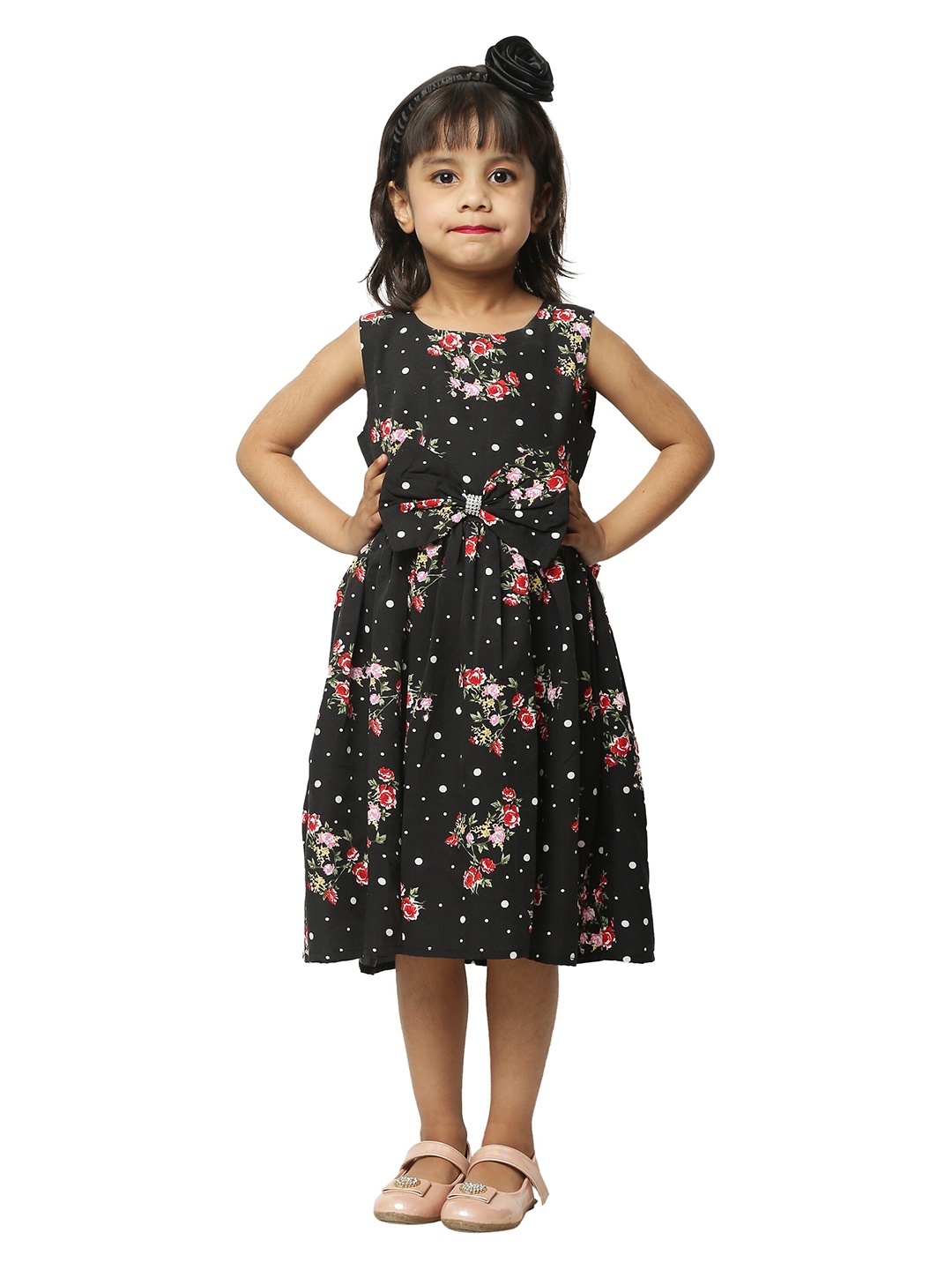 

BAESD Girls Floral Printed Sleeveless Bow Detail Fit & Flare Dress, Black